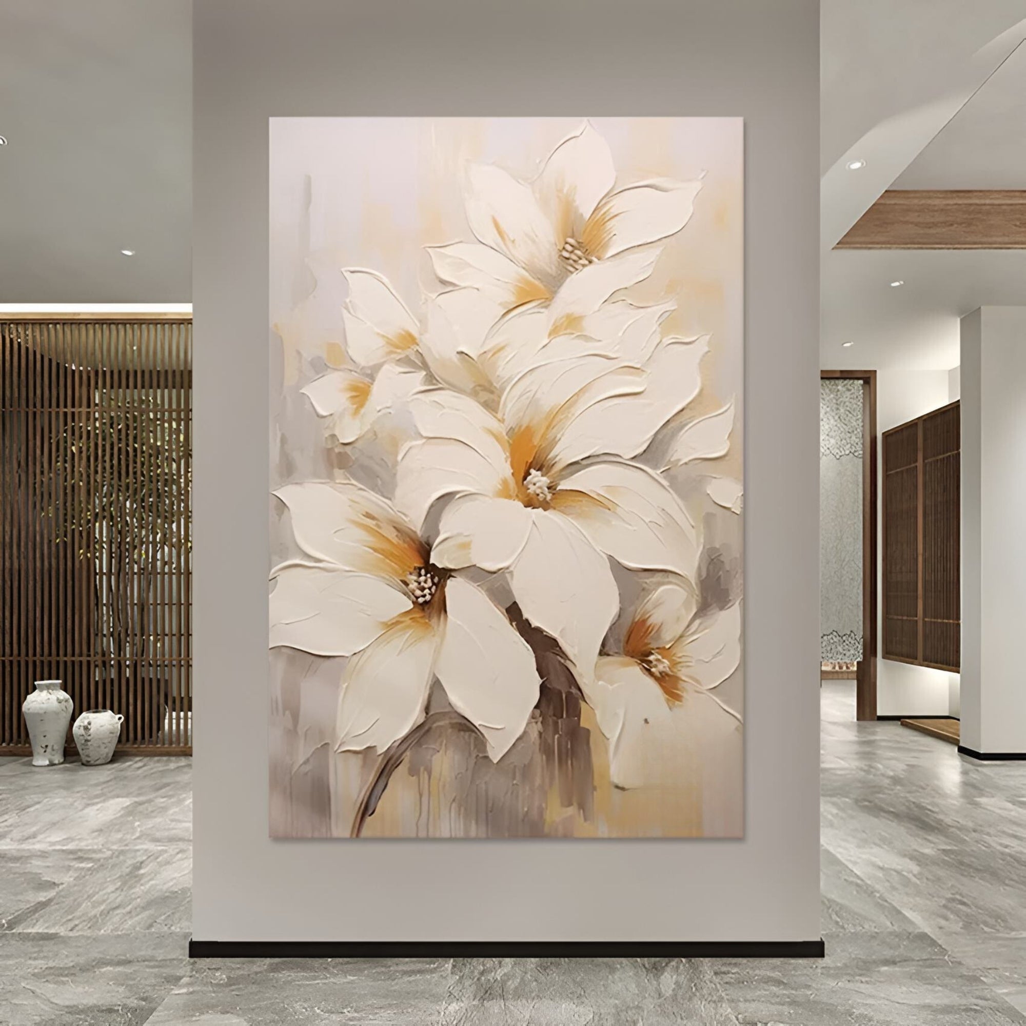 Handmade oil painting of elegant white flowers with warm tones, ideal for serene home interiors or cozy hotel lobbies.