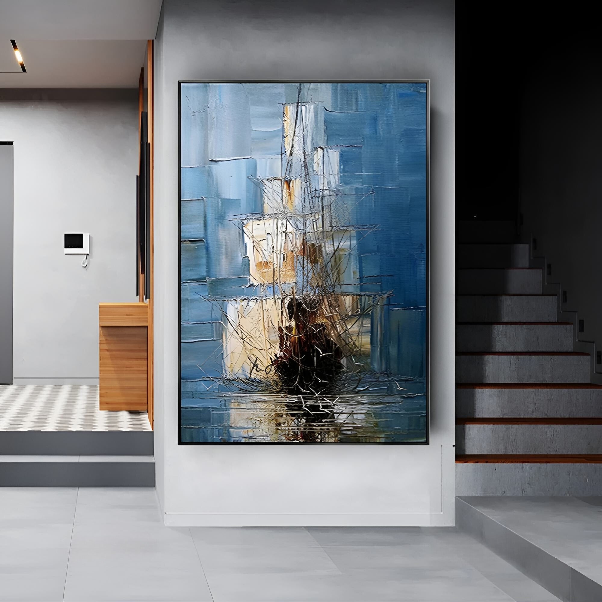 Bold maritime oil painting, handcrafted for beach houses, navy-inspired offices, or coastal entryways.