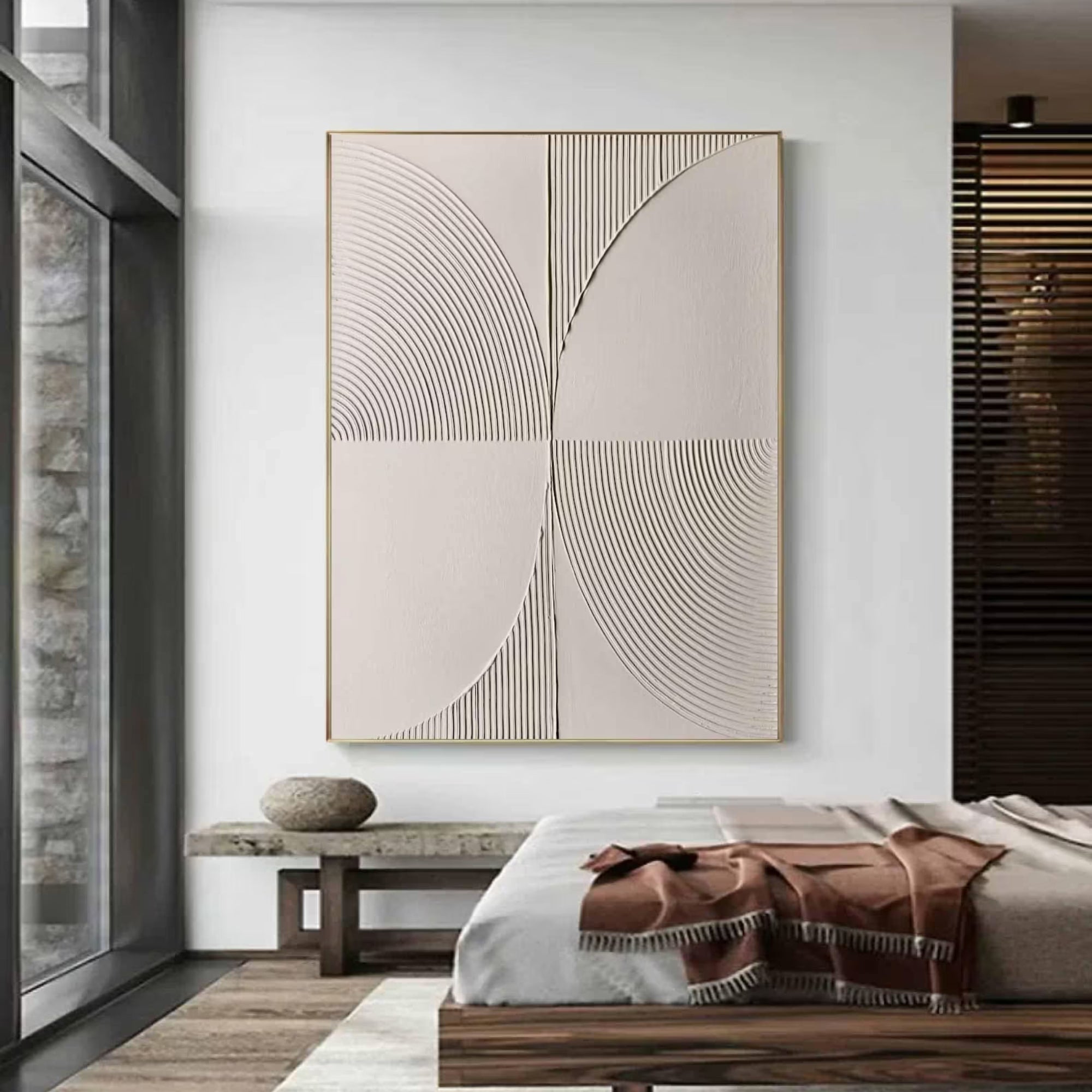Textured geometric abstract painting in soft beige and off-white tones, featuring symmetrical curved lines that evoke calm and balance—perfect for modern kitchens, minimalist dining rooms, or Scandinavian-inspired interiors.