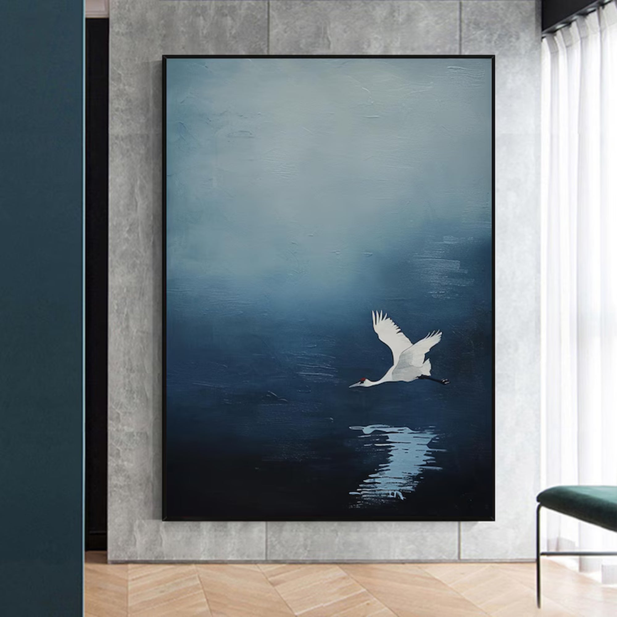 Elegant handmade oil artwork featuring a swan flying above a misty lake, ideal for bedrooms or modern living rooms.