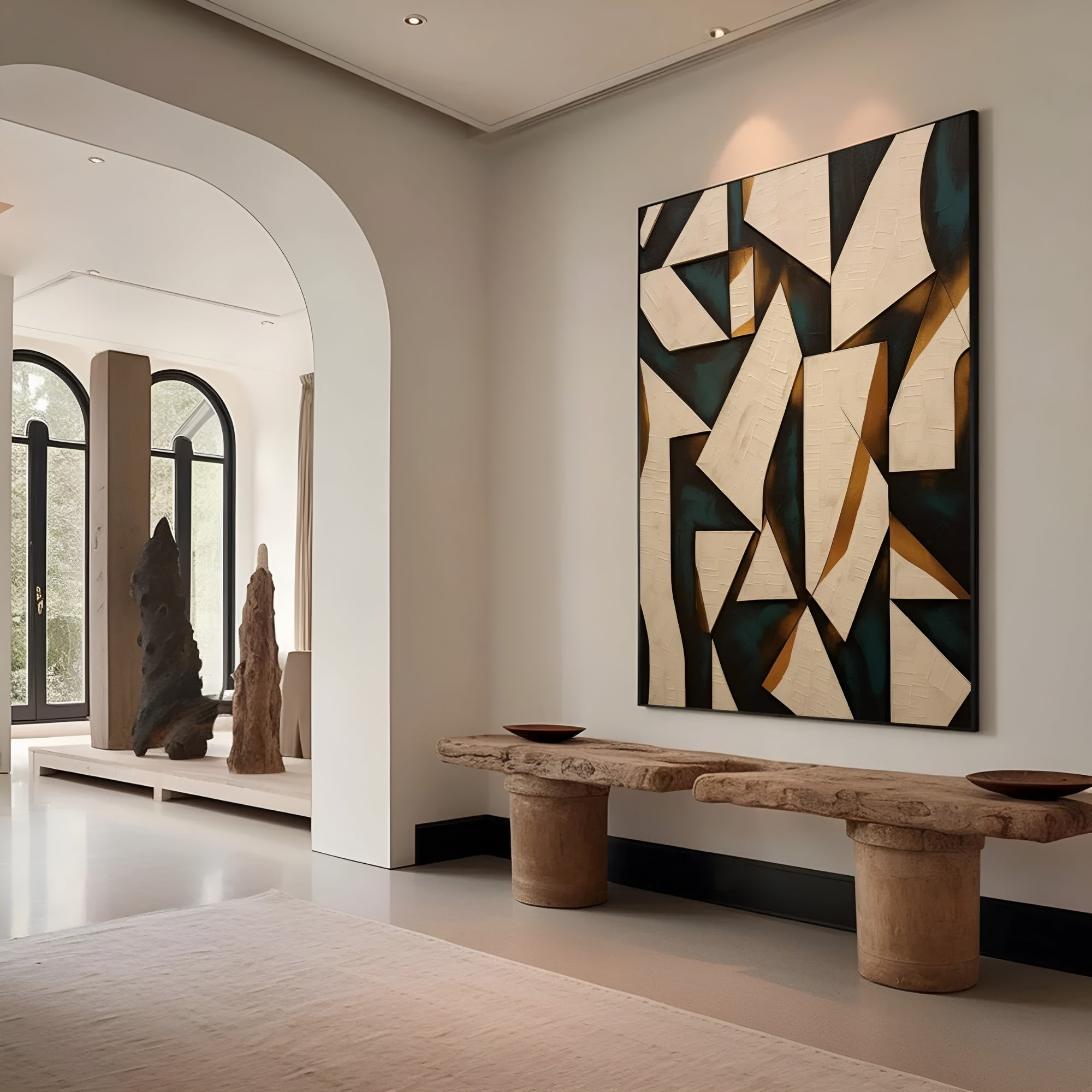 Luxury large geometric wall art, hand-painted with textured beige and deep green tones, ideal for contemporary living spaces.