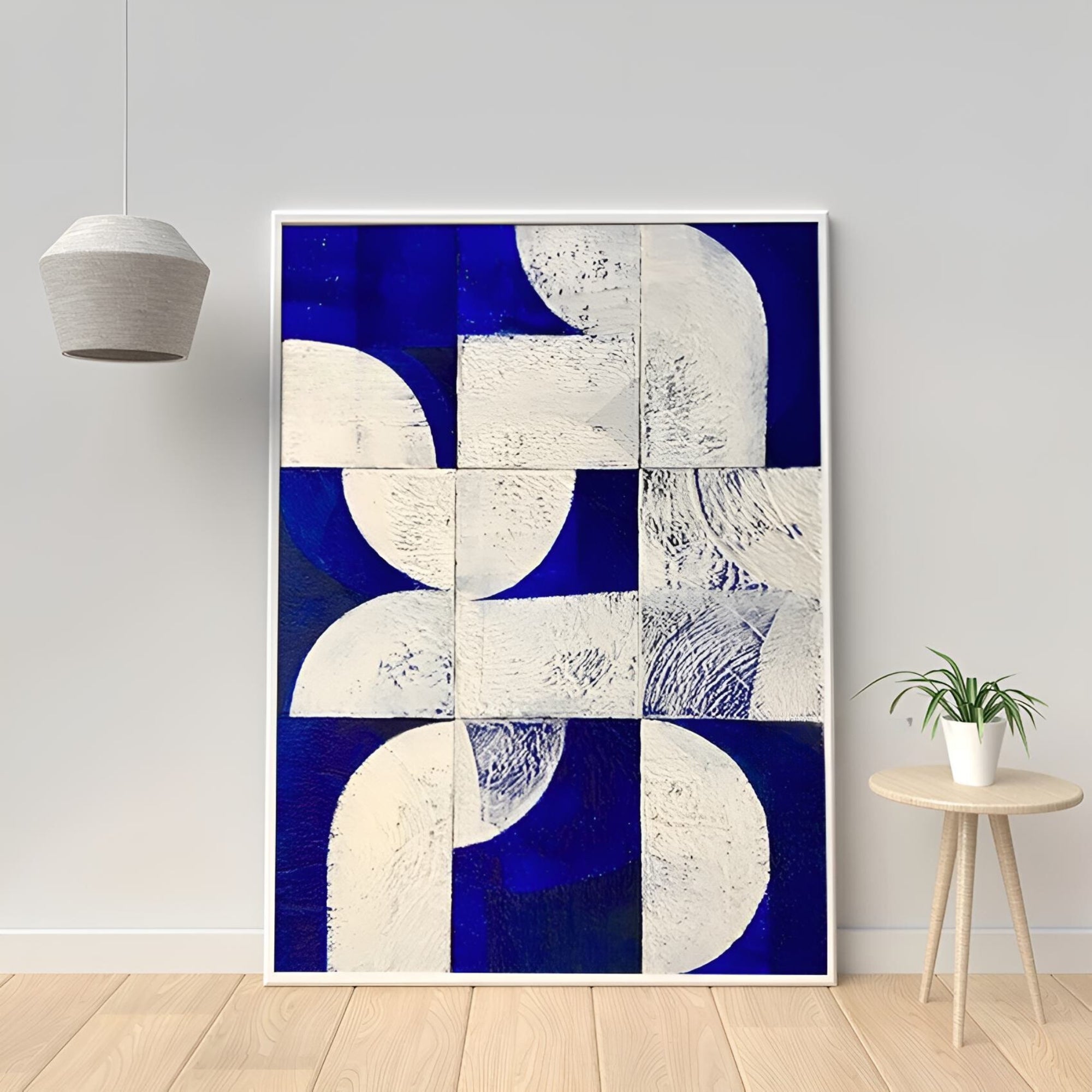 Abstract artwork featuring white geometric shapes over a deep blue textured background.
Ideal for a modern kitchen, creative office, or a bright hallway needing a bold color accent.