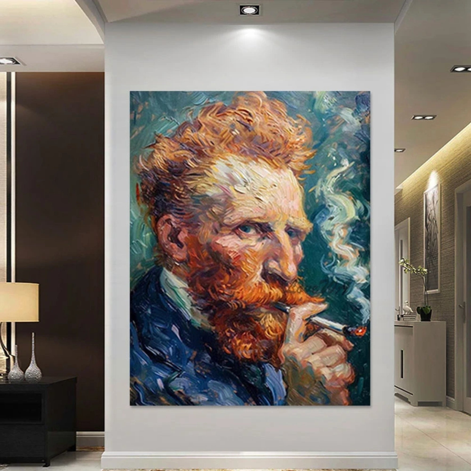 Vibrant handmade oil painting of Van Gogh, fitting for stylish living rooms, private offices, or eclectic art collections.