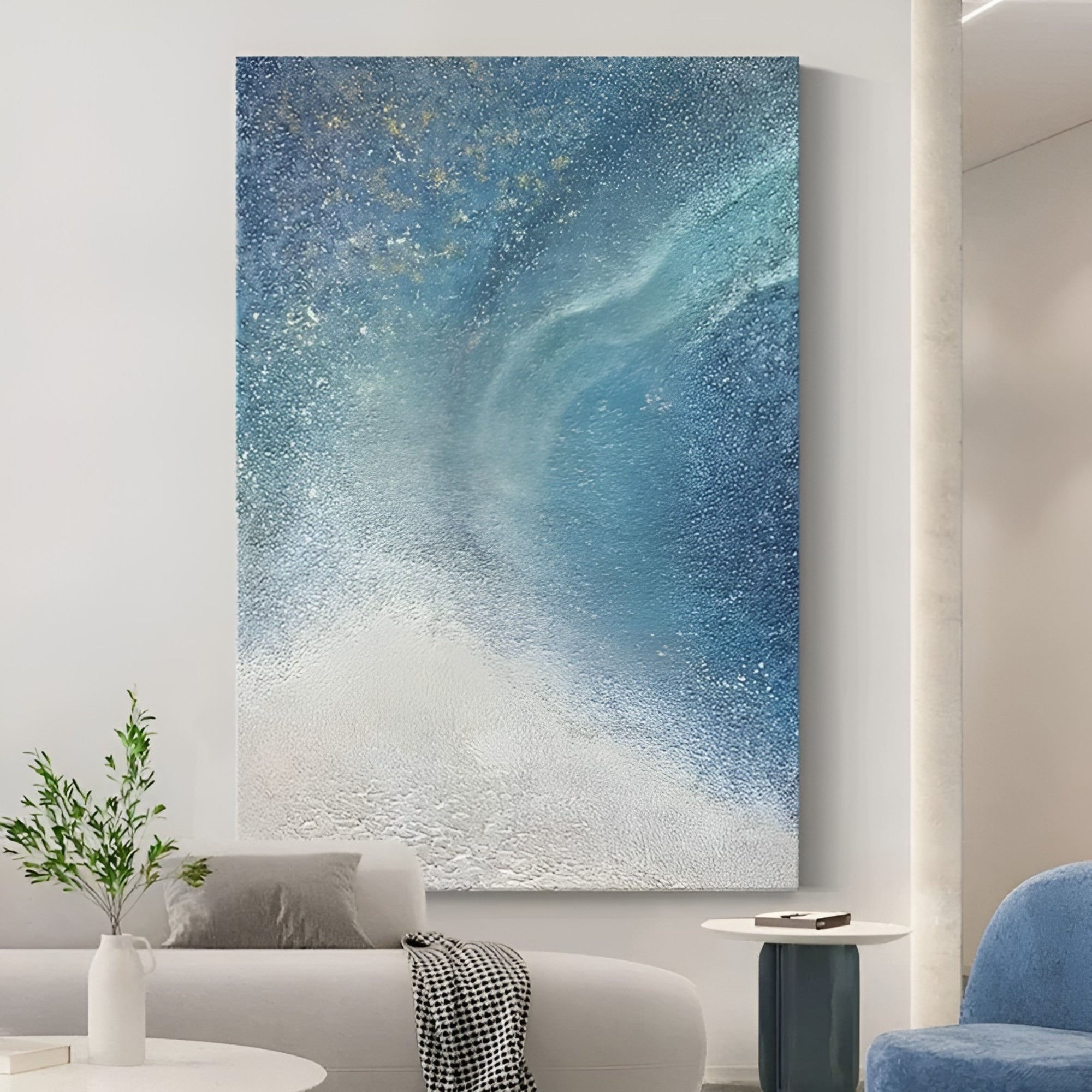 Galaxy-inspired oil painting with shimmering stars, ideal wall art for creative home offices or lounges