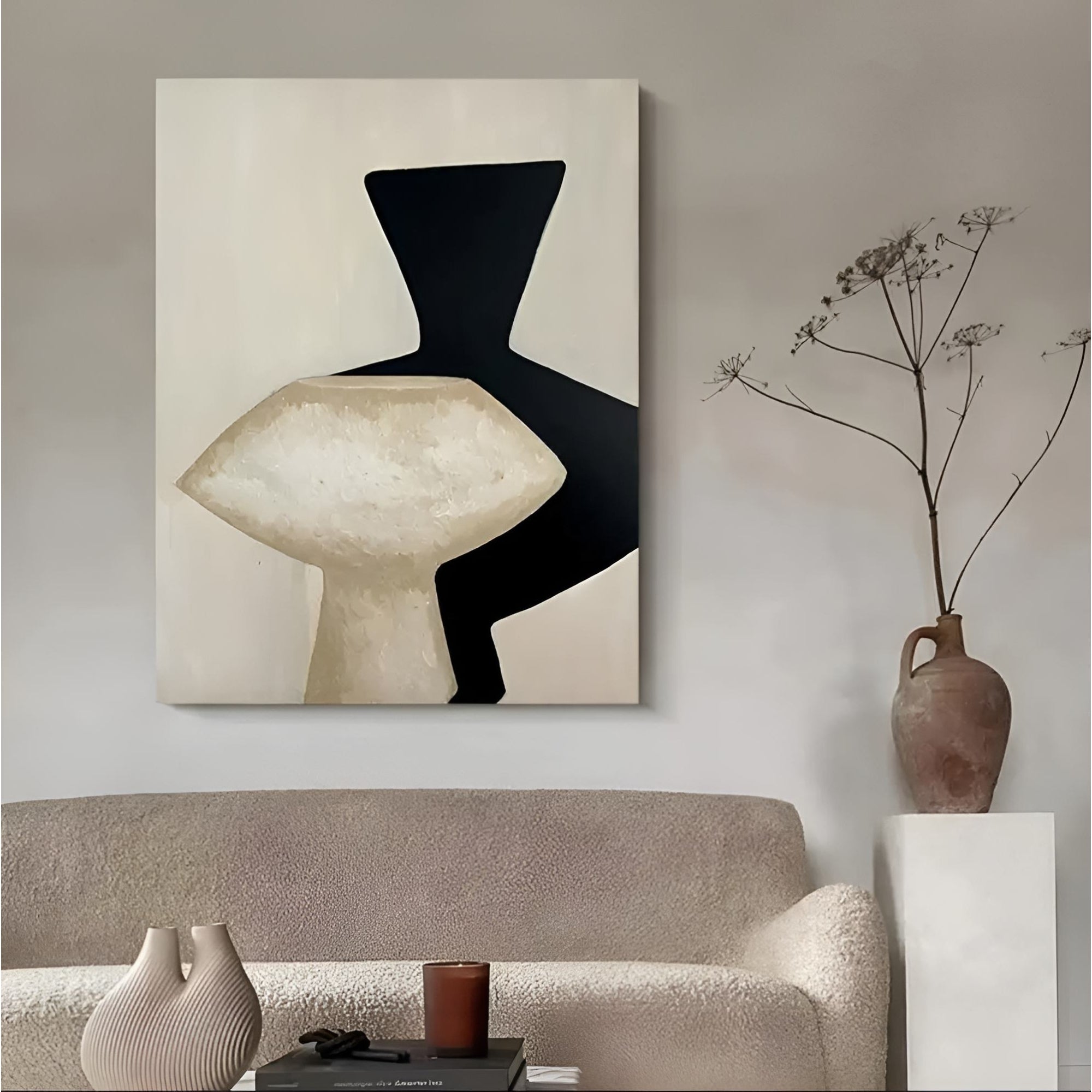 Hand-painted contemporary art with bold black and neutral tones, ideal for stylish home design.