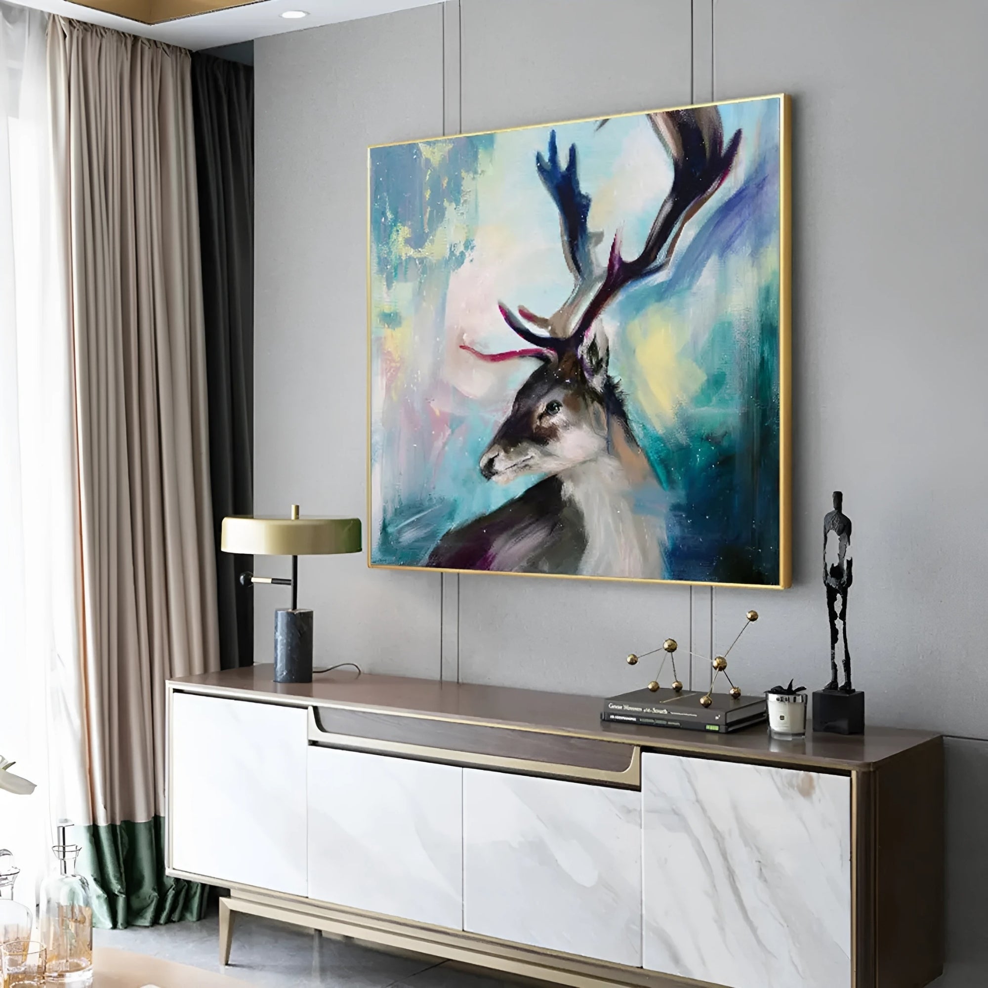 Colorful reindeer oil painting on canvas, perfect for contemporary living rooms with a playful, artistic touch.