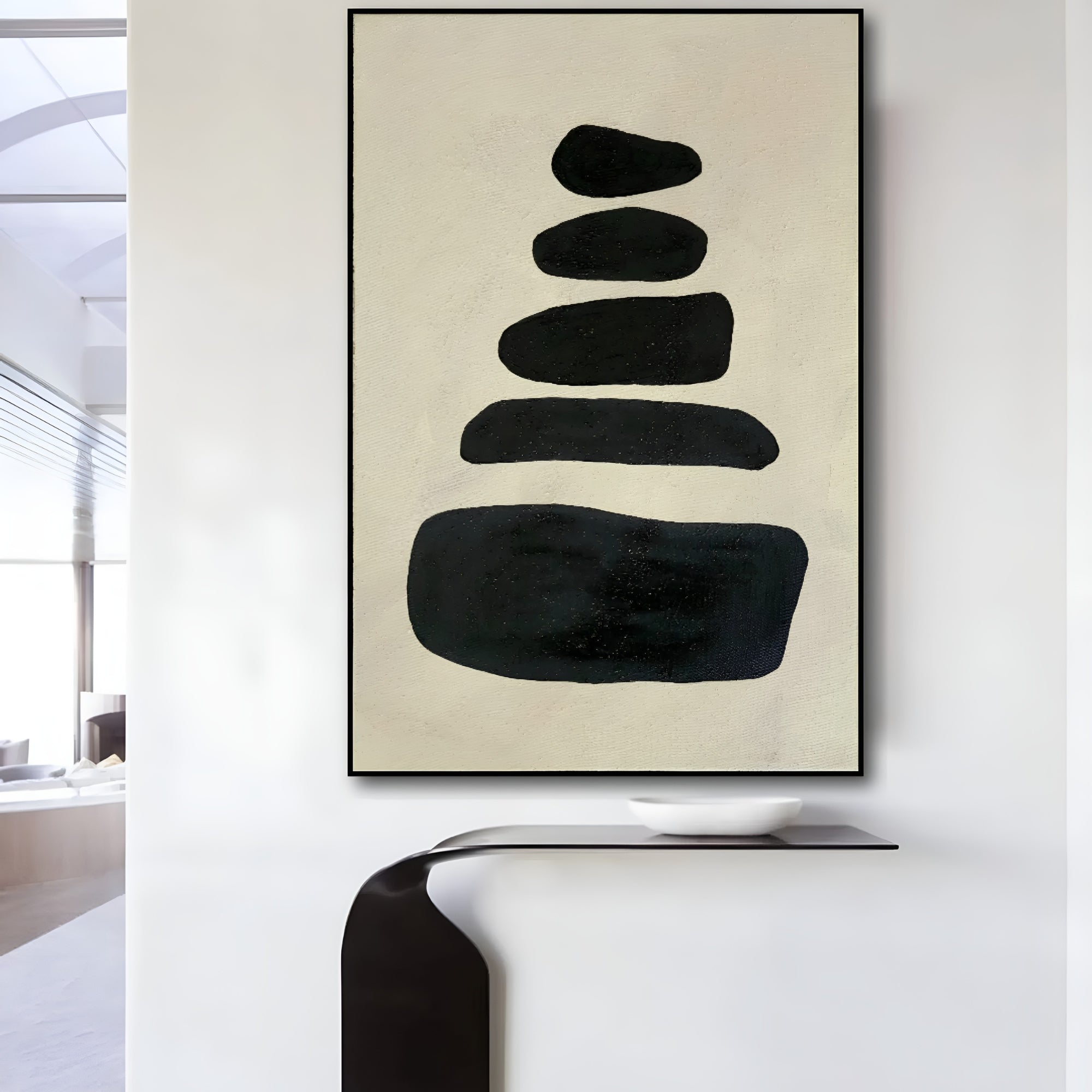 Large-scale geometric abstract oil painting on canvas, blending simplicity and texture for sophisticated wall decor.