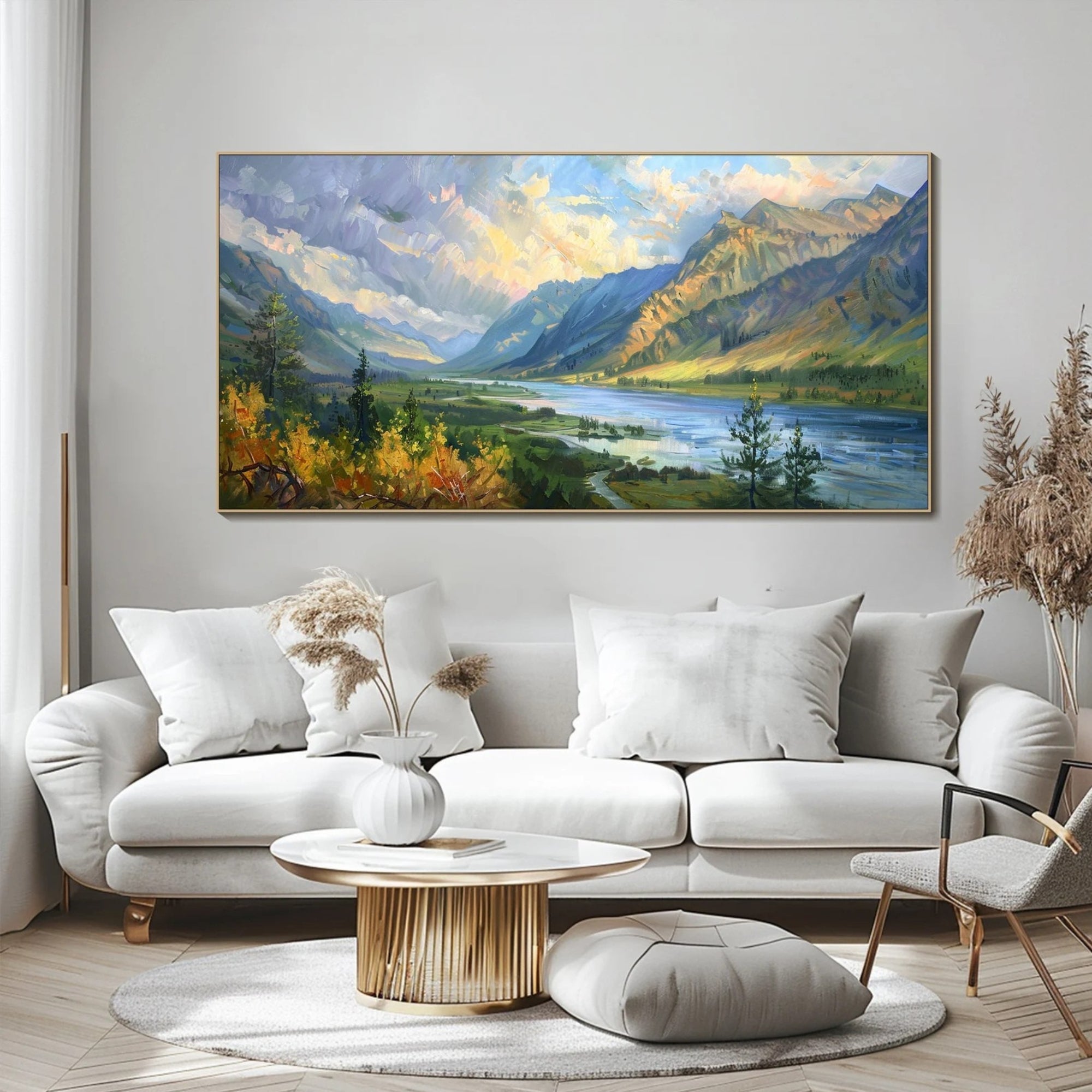 Elegant oil painting of majestic mountains and a flowing river, ideal for office or home decoration.