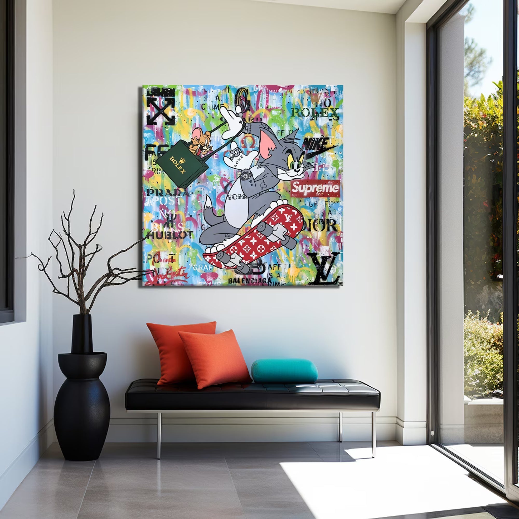 Colorful Tom and Jerry wall art – contemporary graffiti painting with high-end brand elements for trendy interiors.