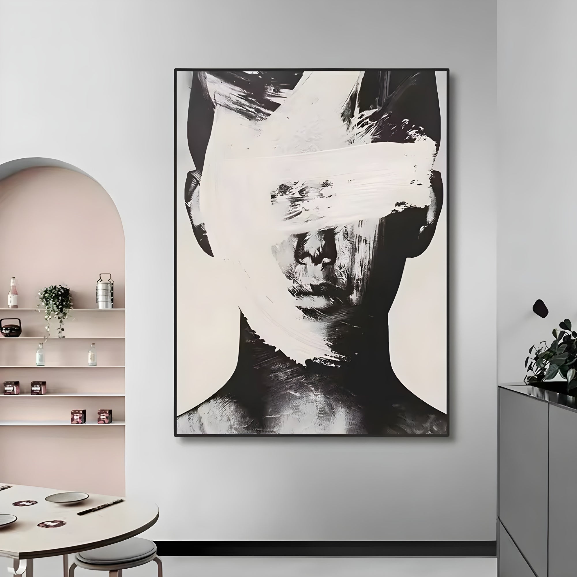 Handmade oil painting featuring a minimalist face with expressive white strokes, suited for home interiors or boutique hotels.