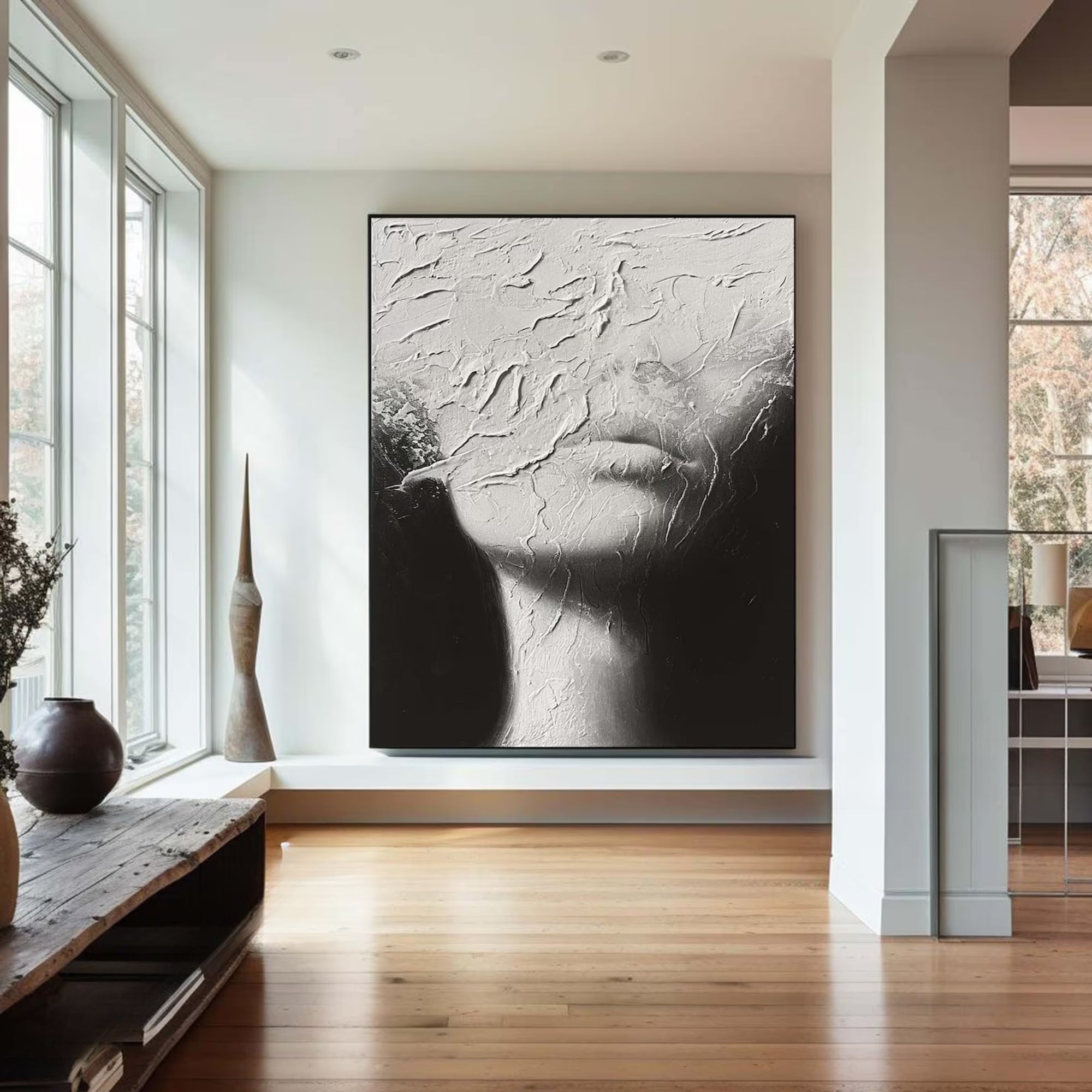 Textured handmade oil painting of a mysterious female figure, fitting for contemporary apartments, lounges, or lobbies.