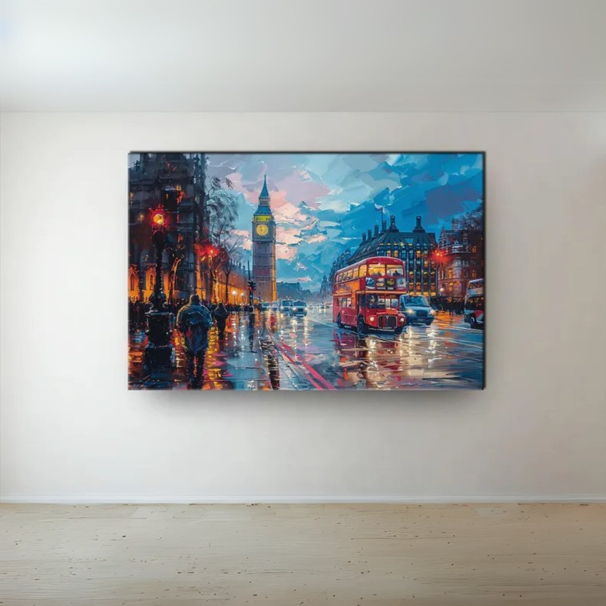 A hand-painted artwork depicting a cityscape with the iconic Big Ben clock tower and a red double-decker bus, presented in a frame against a white wall.