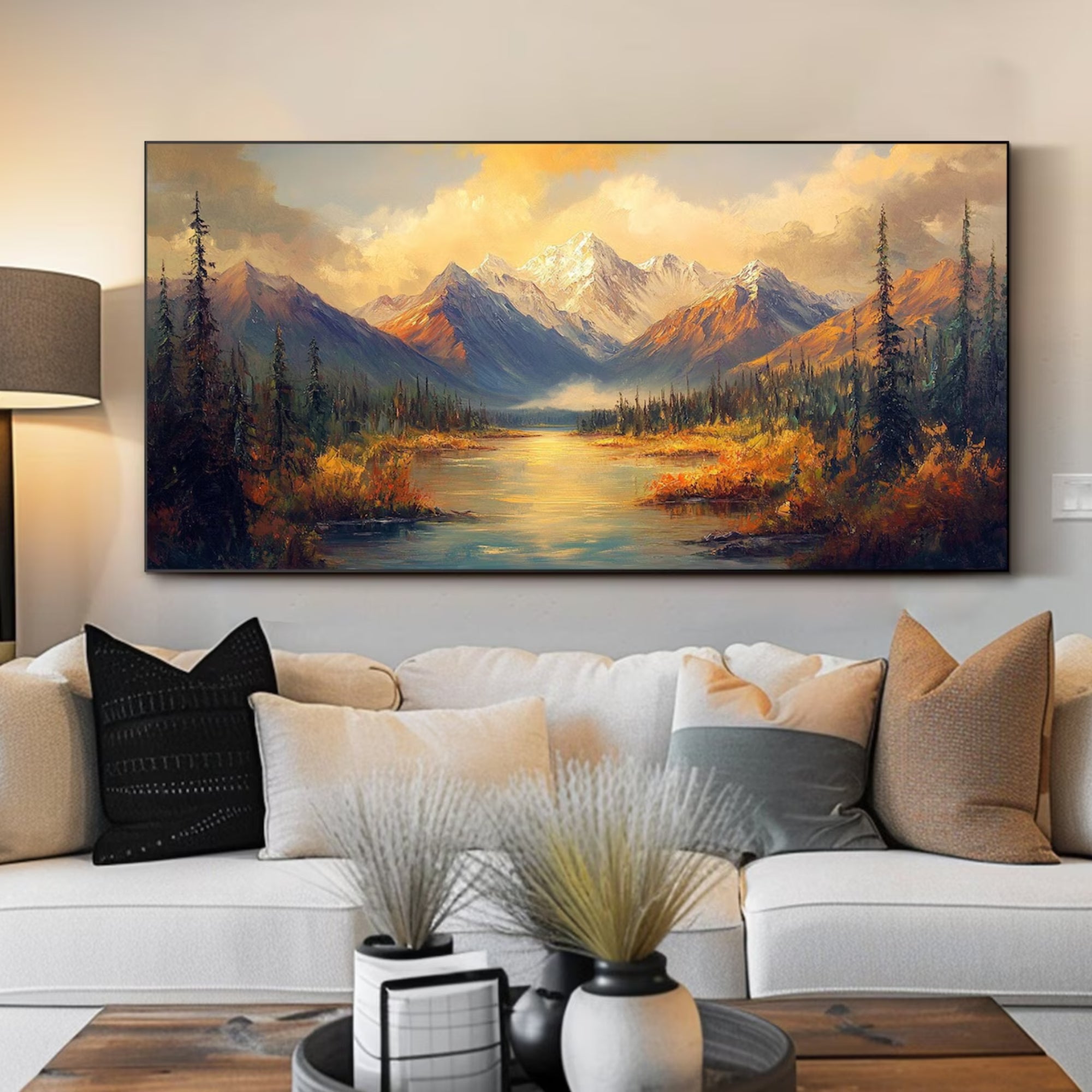 Expansive landscape art with layered mountains, evergreens, and a calm river—well-suited for large walls in serene office spaces or contemporary cabins
