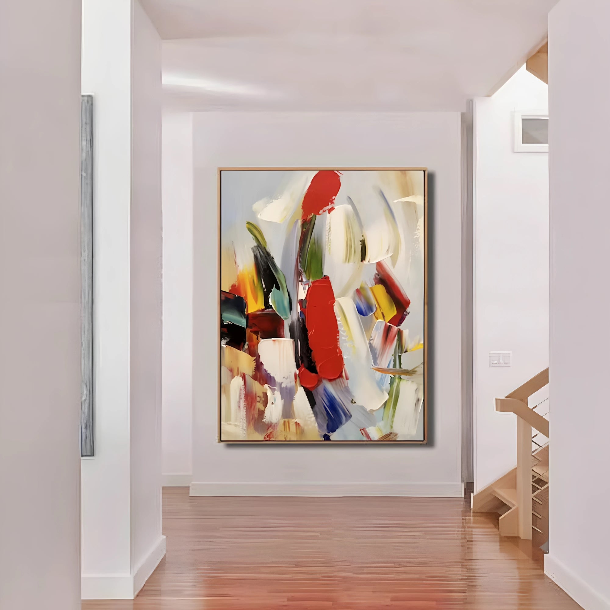 Large abstract canvas with a mix of primary and secondary colors in broad, fluid strokes, evoking motion and emotion.