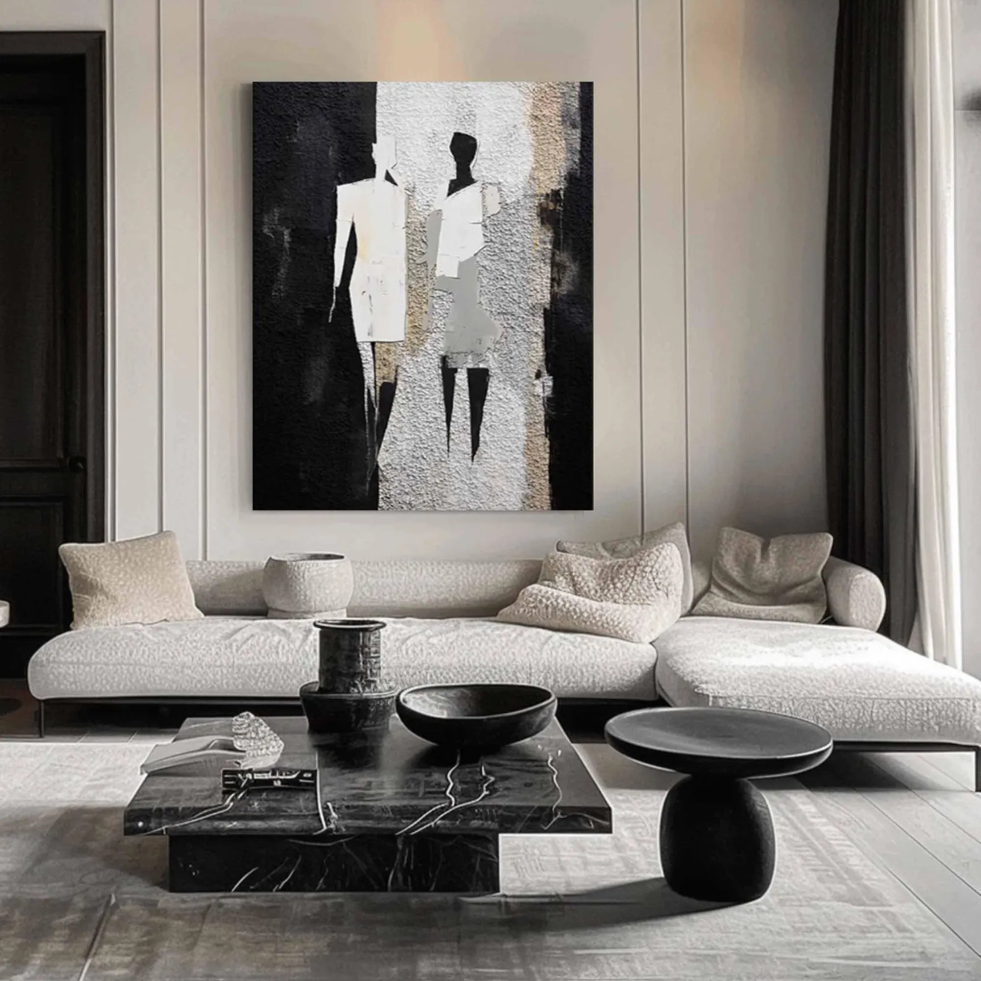 Elegant Monochrome Abstract Couple on Canvas with Textured Finish – This timeless piece enhances minimalist interiors, ideal for architecture firms, boutique offices, or modern apartment entries.