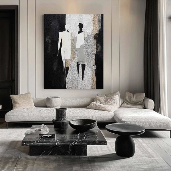 Elegant Monochrome Abstract Couple on Canvas with Textured Finish – This timeless piece enhances minimalist interiors, ideal for architecture firms, boutique offices, or modern apartment entries.