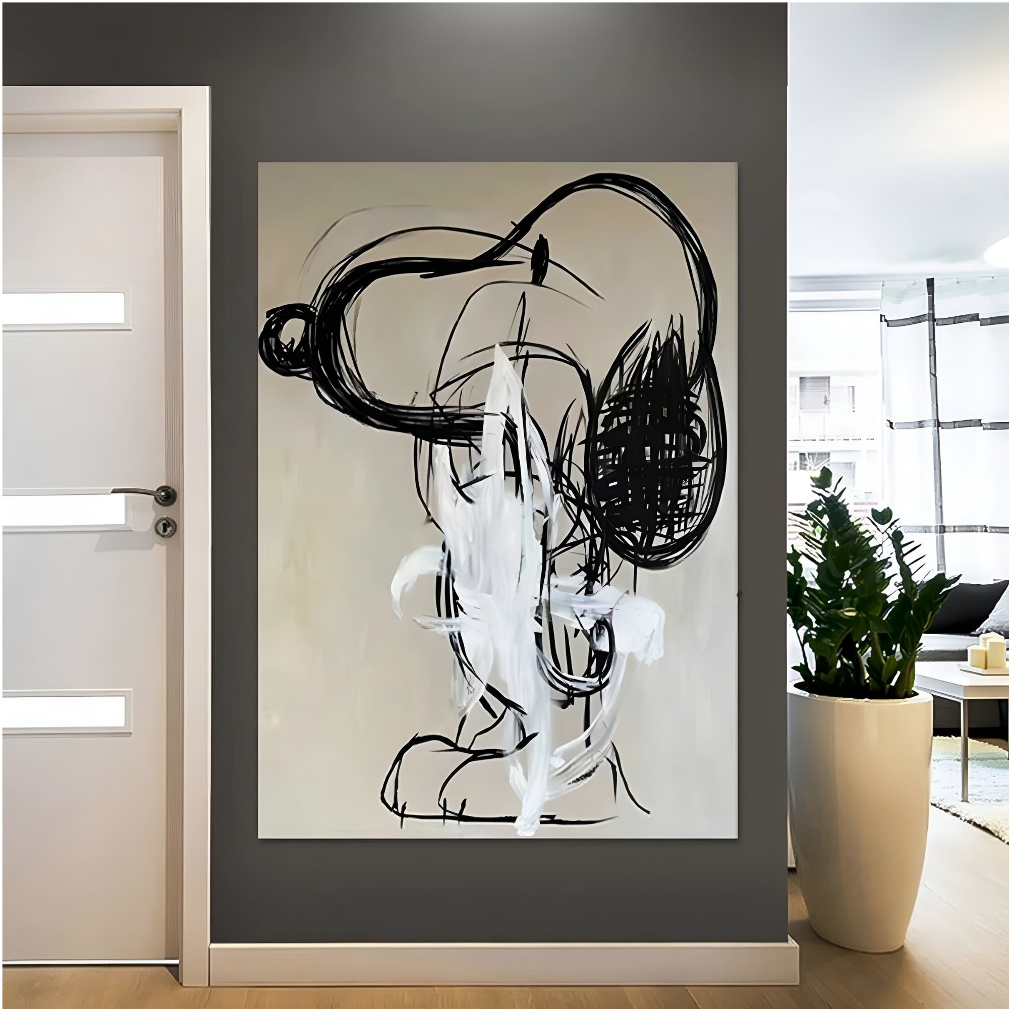 Handmade oil painting with bold abstract black lines, ideal for creative home interiors, modern offices, or design studios.