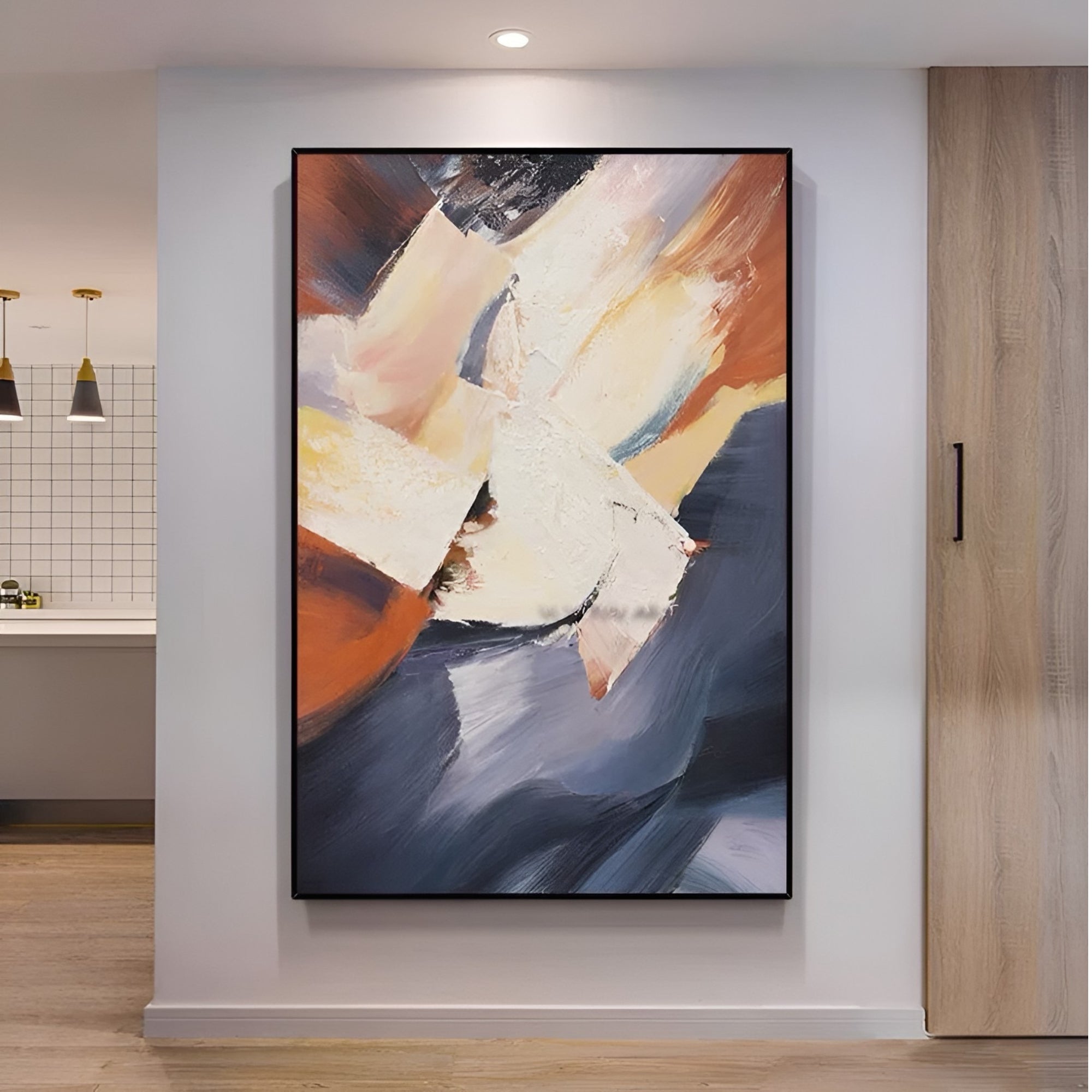 Handcrafted abstract oil painting with warm and cool tones, designed for chic studios or luxury living spaces.