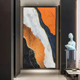 Vertical handmade abstract artwork featuring layered orange, black, and white strokes for contemporary spaces.