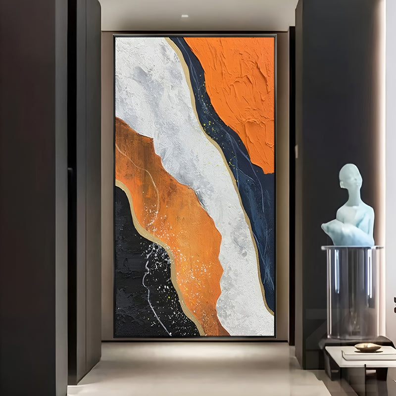 Vertical handmade abstract artwork featuring layered orange, black, and white strokes for contemporary spaces.