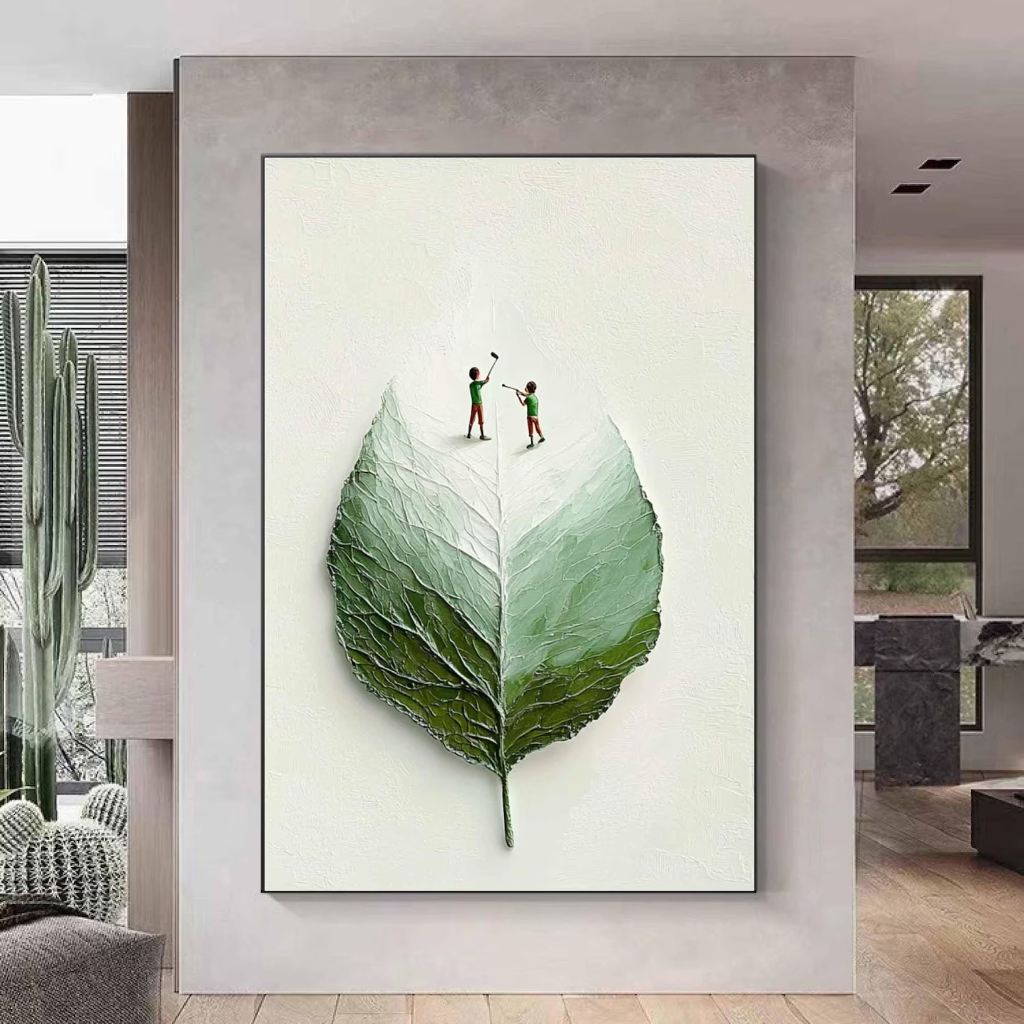 Oil painting featuring a detailed green leaf and miniature people, perfect for hallways, cafés, or cozy study rooms.
