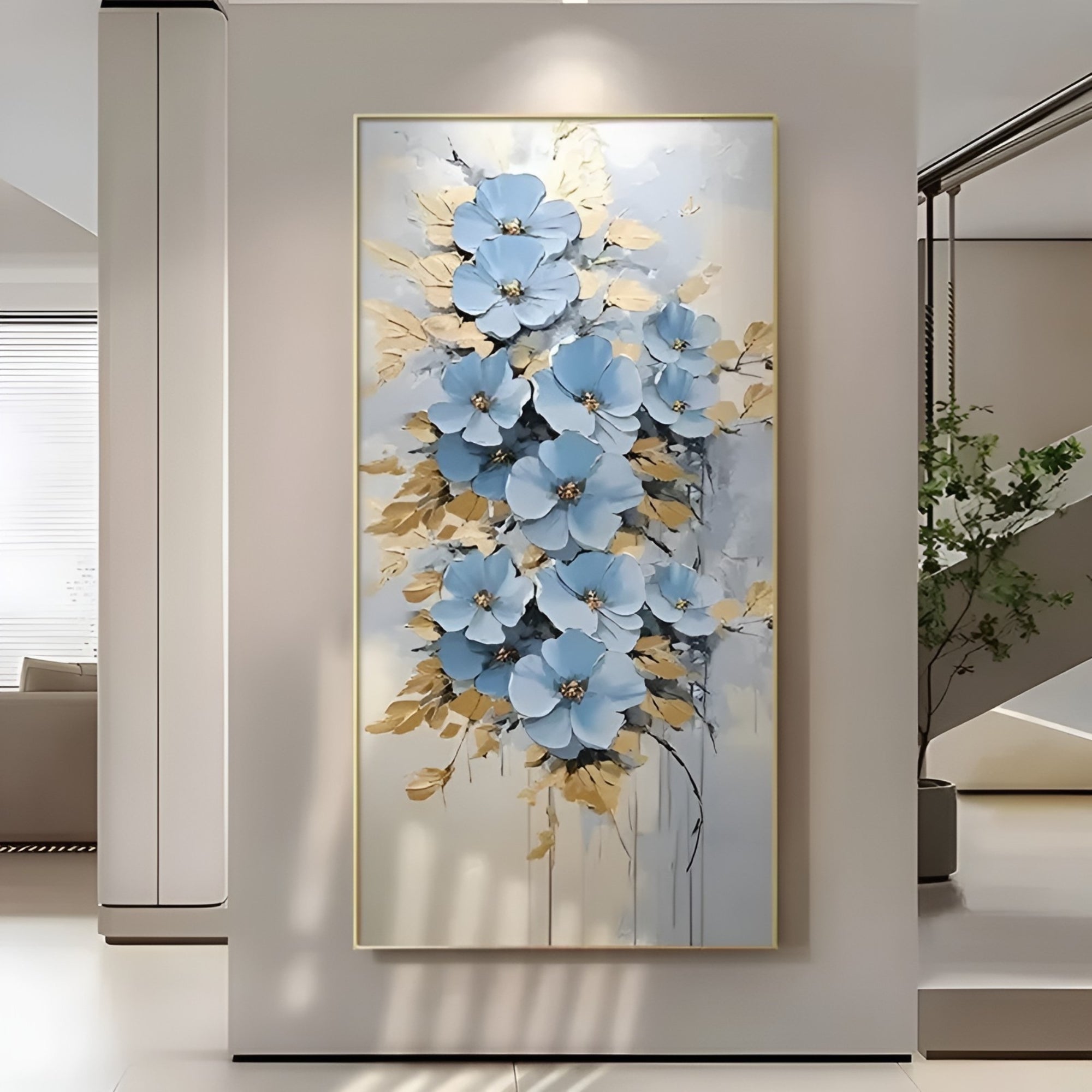 Original blue flower oil painting on canvas, handmade wall decor ideal for living rooms or minimalist interiors