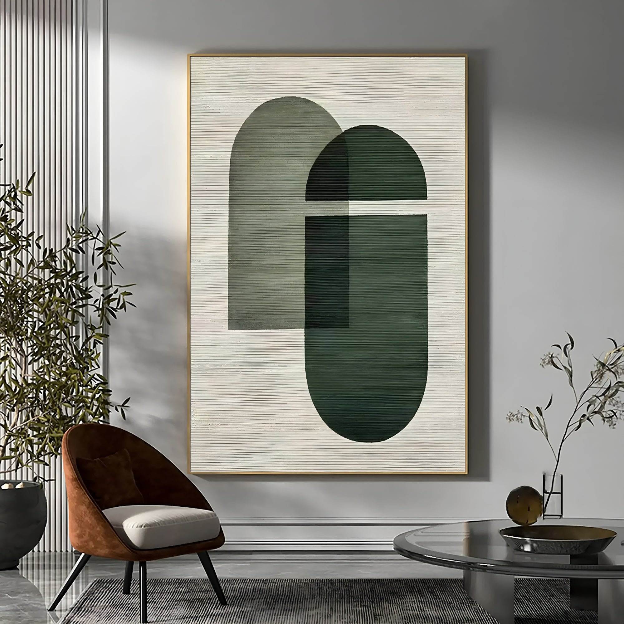 Modern Geometric Handmade Oil Painting in Green and White - Minimalist Wall Art for Elegant Interiors