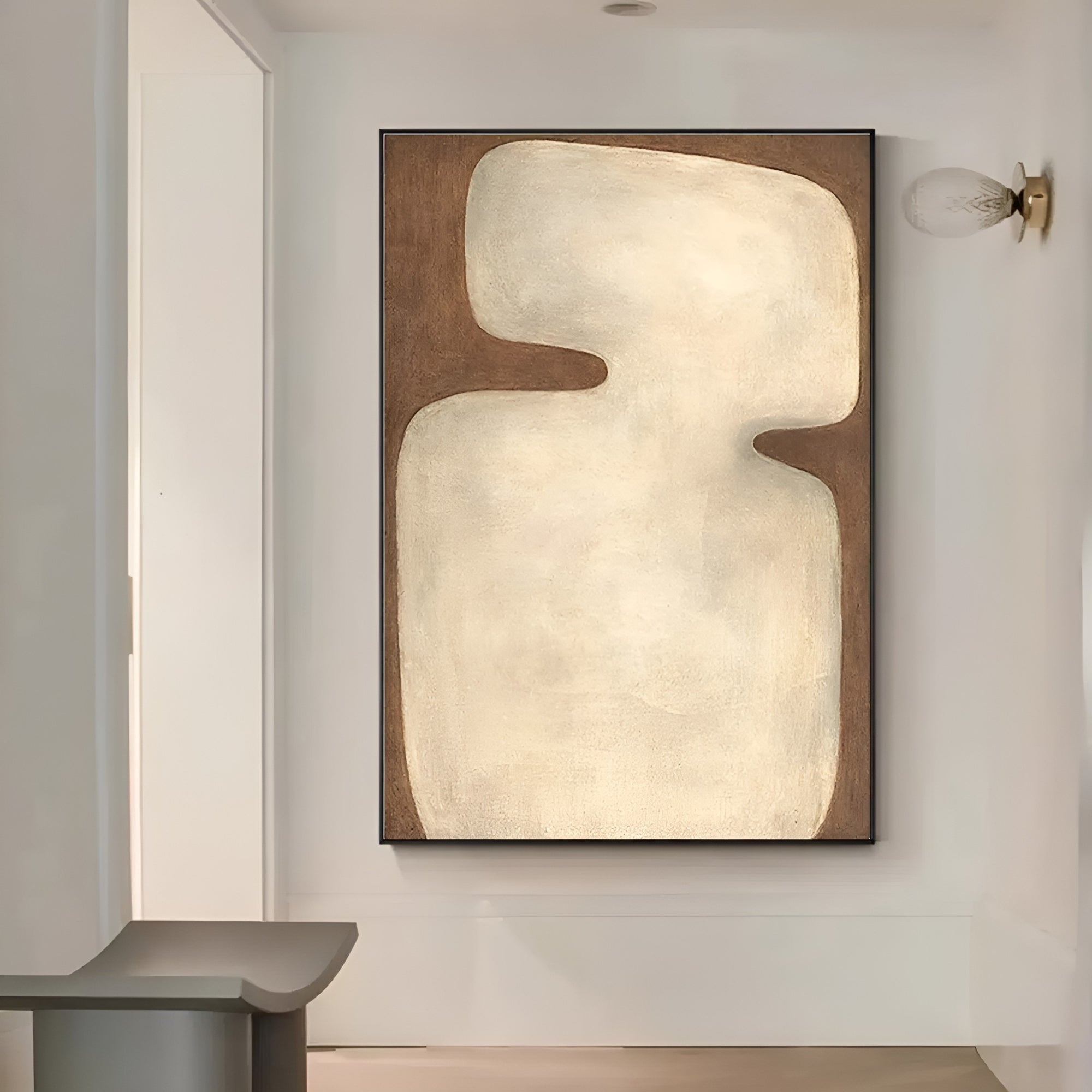 Textured abstract painting in soft beige and warm brown hues. Stylish handmade artwork for a serene and sophisticated home aesthetic.