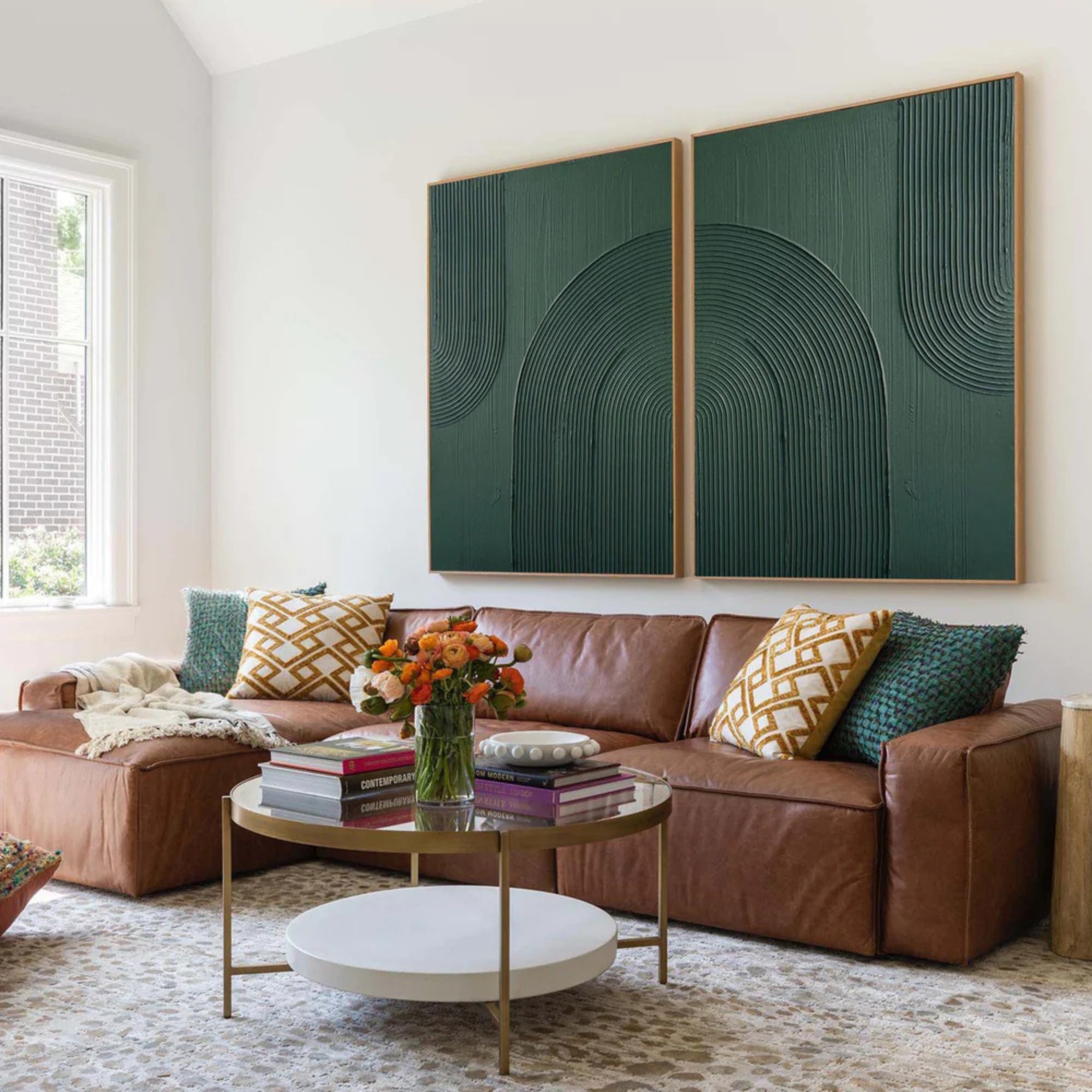 Plaster Art Texture Painting -  Emerald Arcs - Set of 2