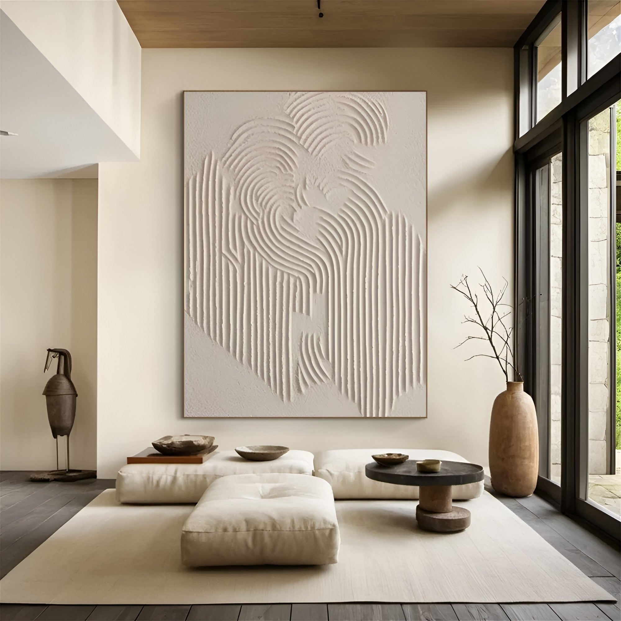 Large abstract relief painting with sculpted ridges in a neutral palette, enhancing the serene ambiance of a contemporary living space.