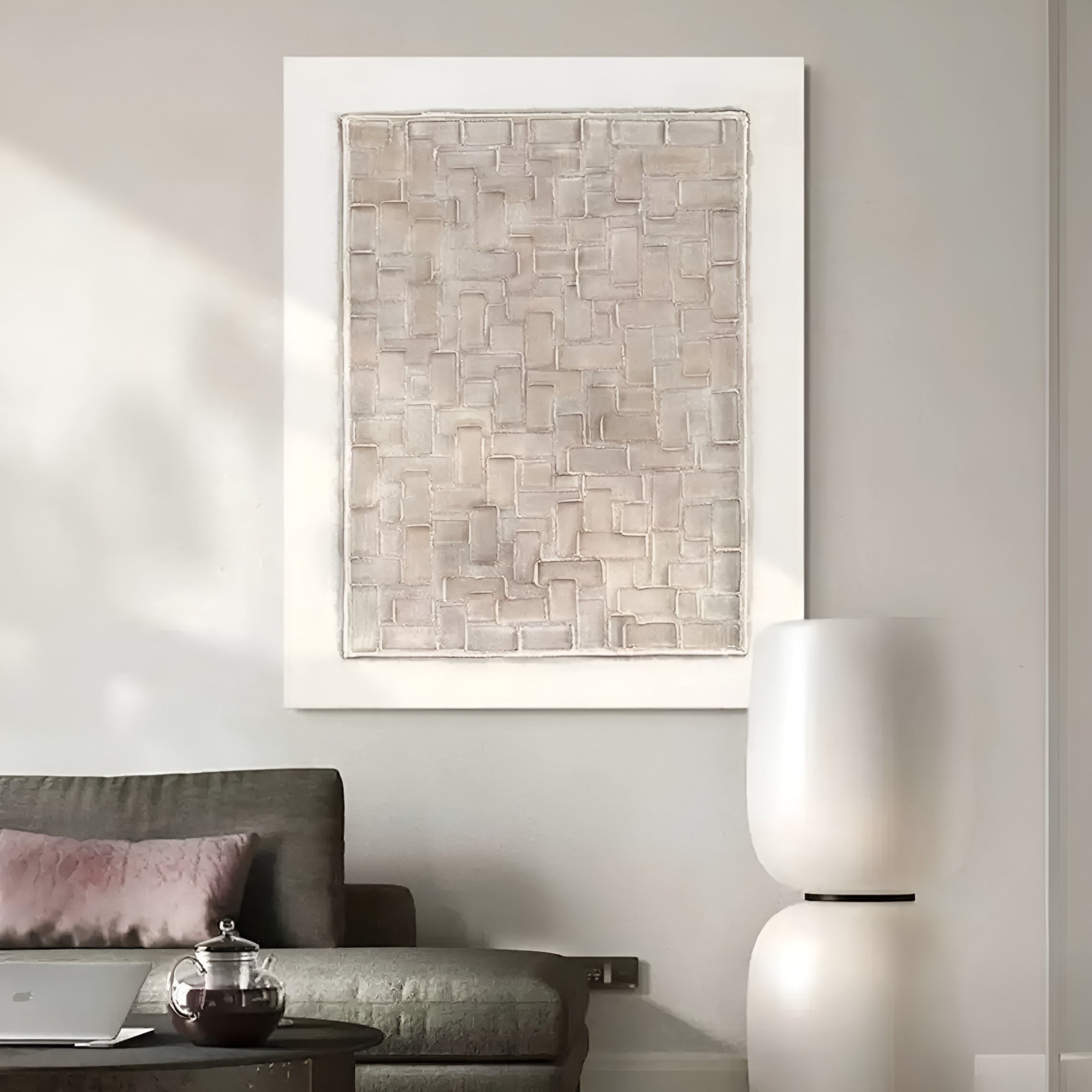 Luxury handmade canvas painting with 3D texture and neutral hues, creating a calming and stylish ambiance in any space.