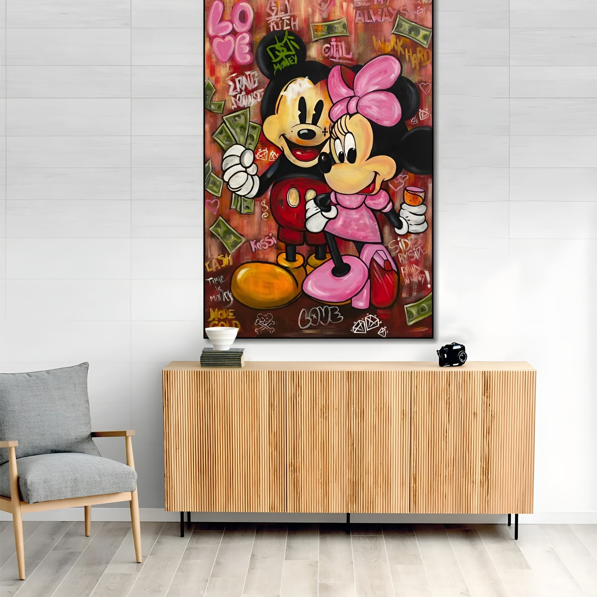 Bold and colorful Mickey and Minnie Mouse canvas painting – a fusion of urban graffiti and modern pop art.