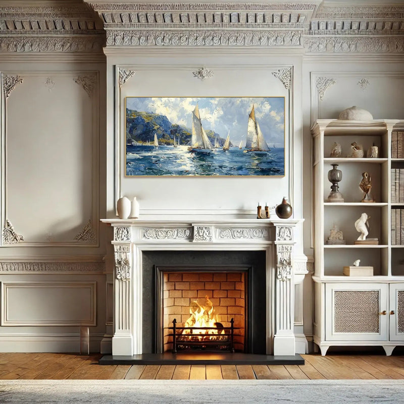 Elegant marine wall art depicting sailboats gliding under a bright sky, making it a striking centerpiece for dining rooms, lounges, or vacation rentals that embrace sea-inspired serenity.