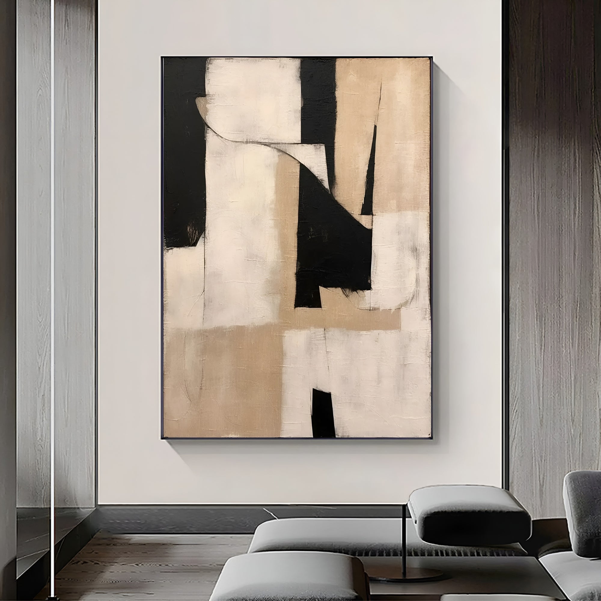 Hand-painted geometric abstract canvas in black and beige – Elegant modern artwork featuring geometric shapes and textured brush strokes, ideal for living rooms or offices.