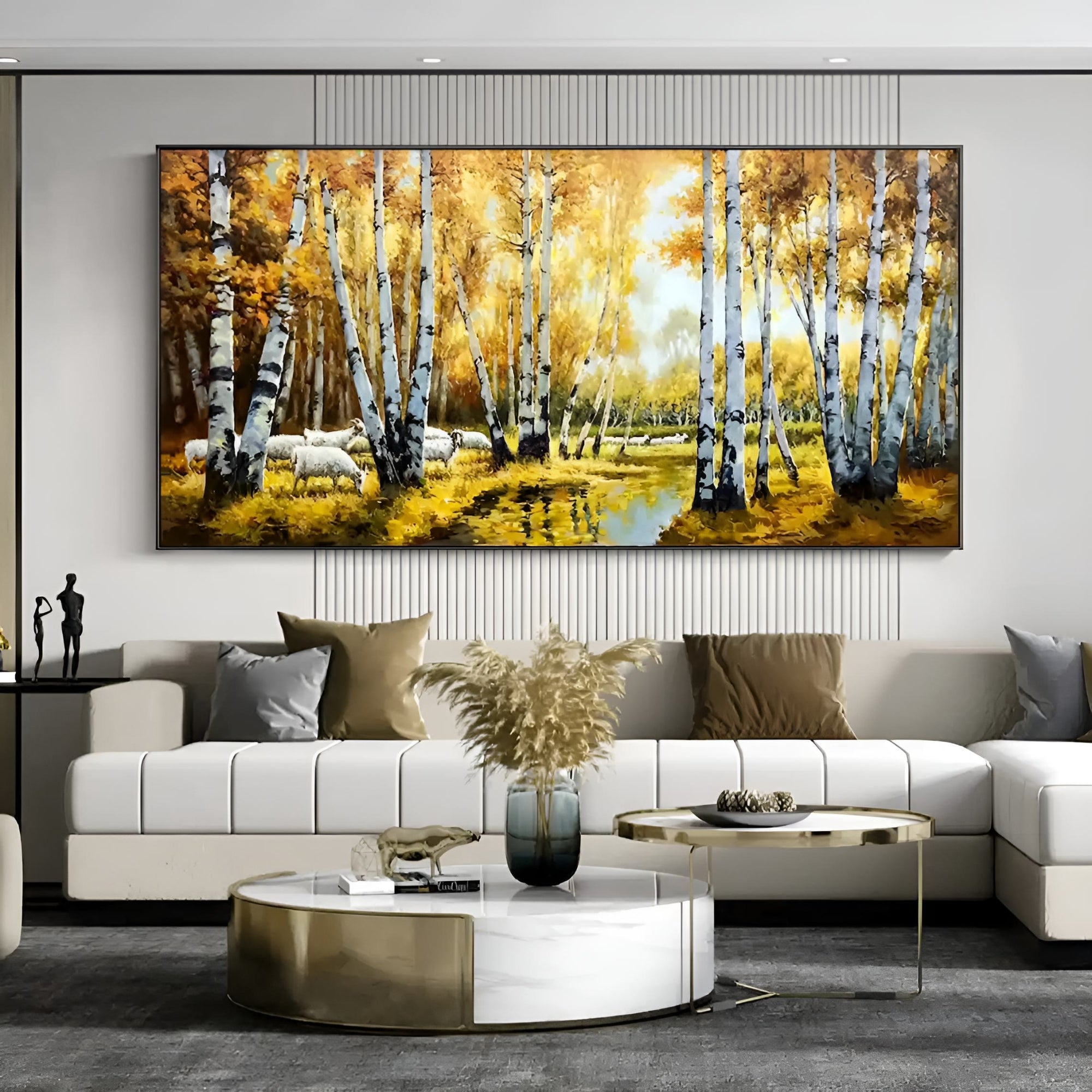 Rustic-style living rooms glow with charm from this handmade oil forest landscape painting.