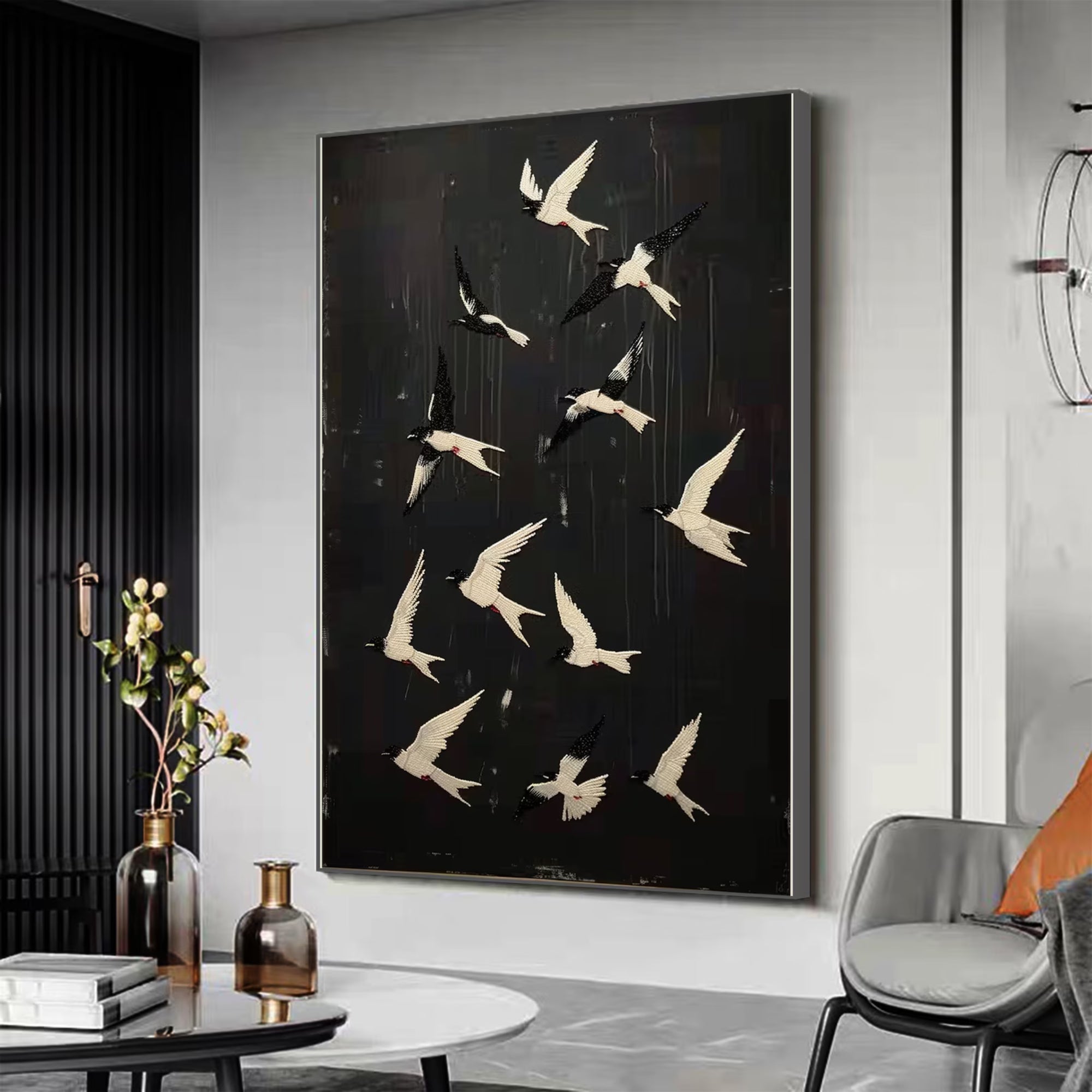 Sophisticated black and white bird wall art, handcrafted to suit Japandi, modern, or urban chic interiors.