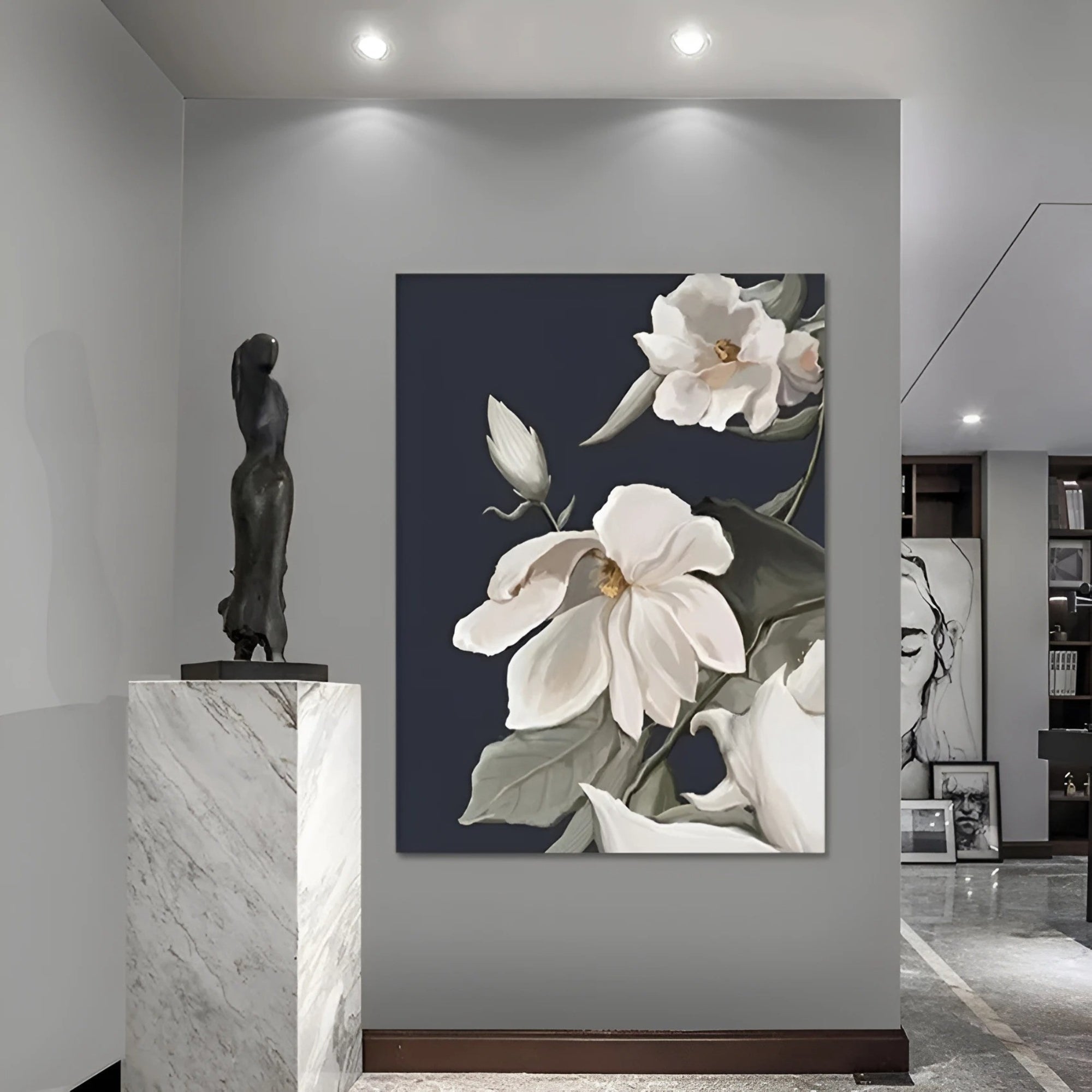 White floral oil painting contrasted by a moody background, featured in a modern indoor garden setting with natural light and plants.