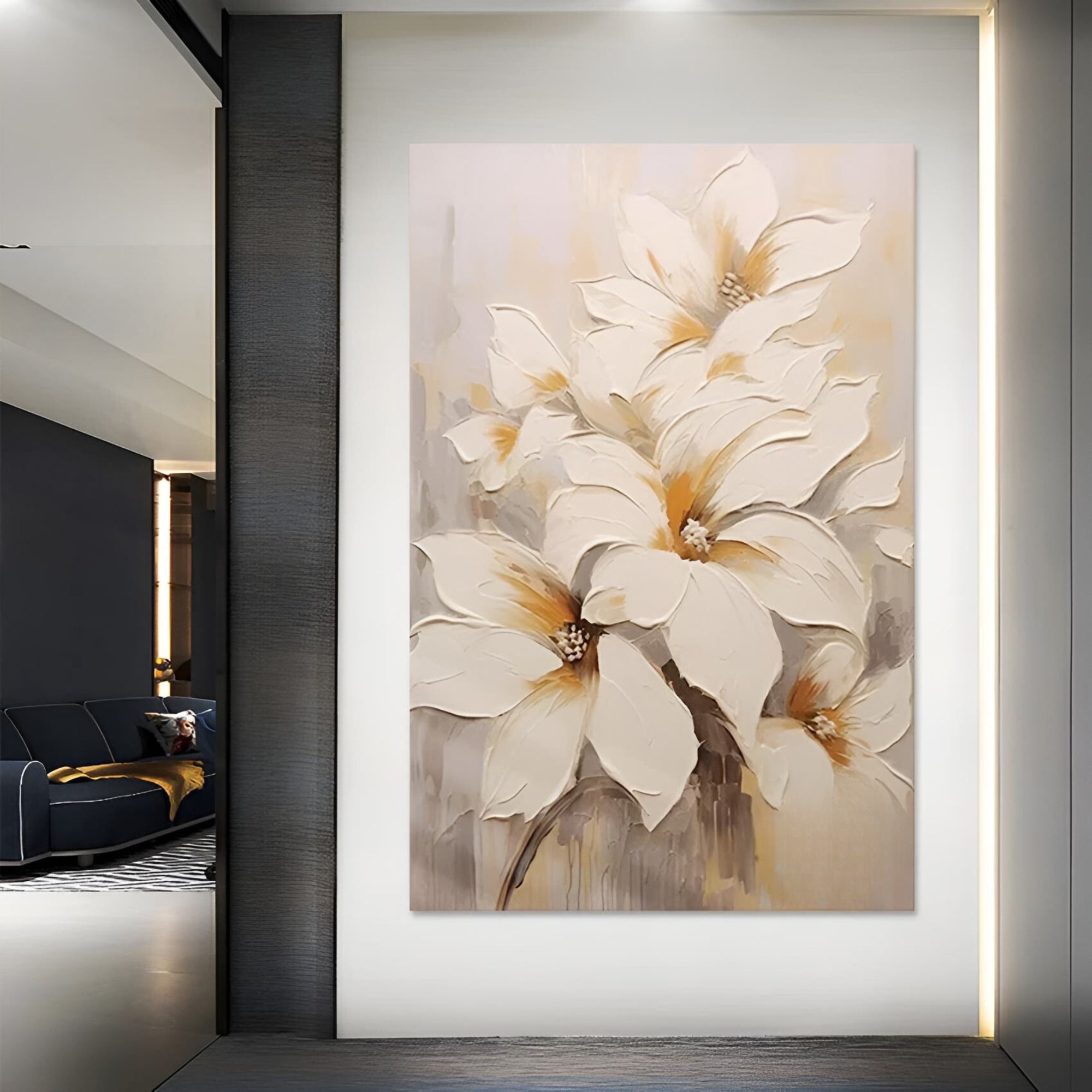 Delicate handmade oil painting of large white flowers, great for enhancing peaceful bedrooms, cafes, or reception areas.
