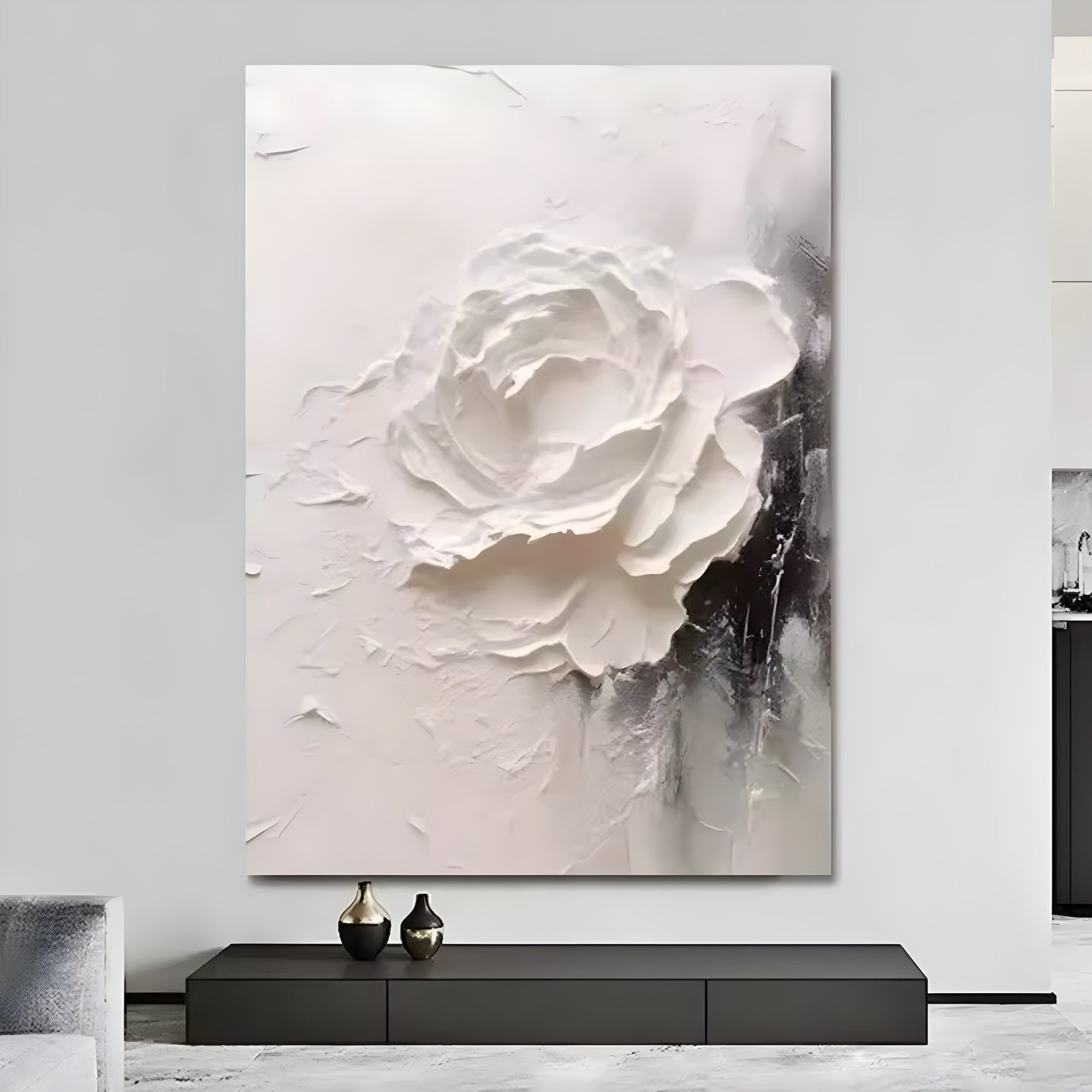 Handmade oil painting with a large blooming white rose, perfect for minimalist interiors, waiting rooms, or cozy home spaces.
