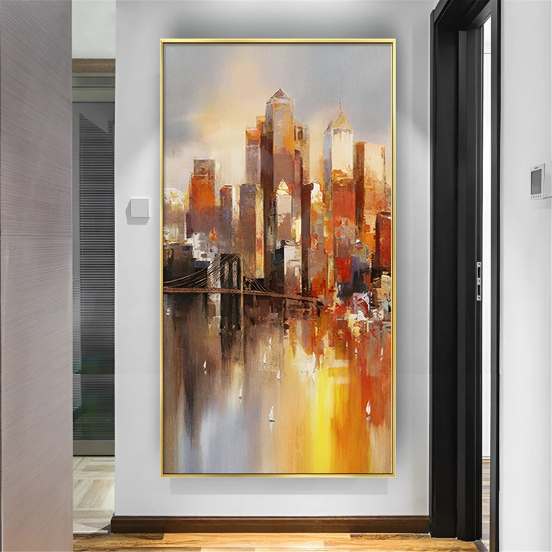 Hand-painted modern city skyline in warm sunset tones, with reflections in water, ideal for urban-inspired interiors or industrial-style rooms.