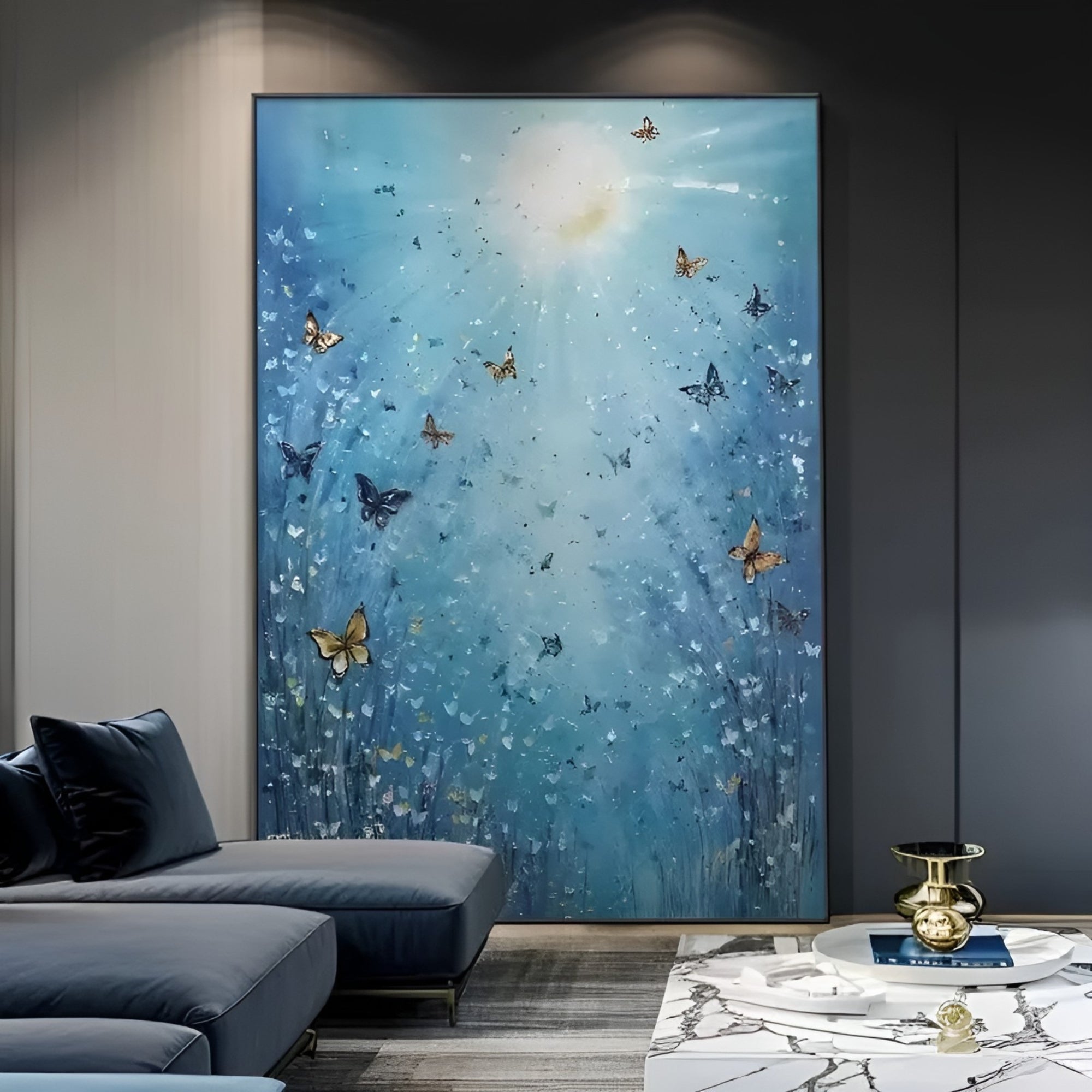 Tranquil handmade butterfly artwork in shades of blue, perfect for stylish home or office wall décor.