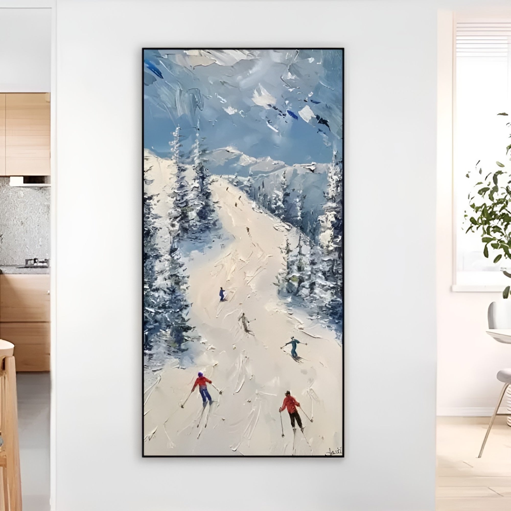Winter landscape oil painting showcasing skiers on a snow-covered trail, adding a cozy alpine vibe to home décor.