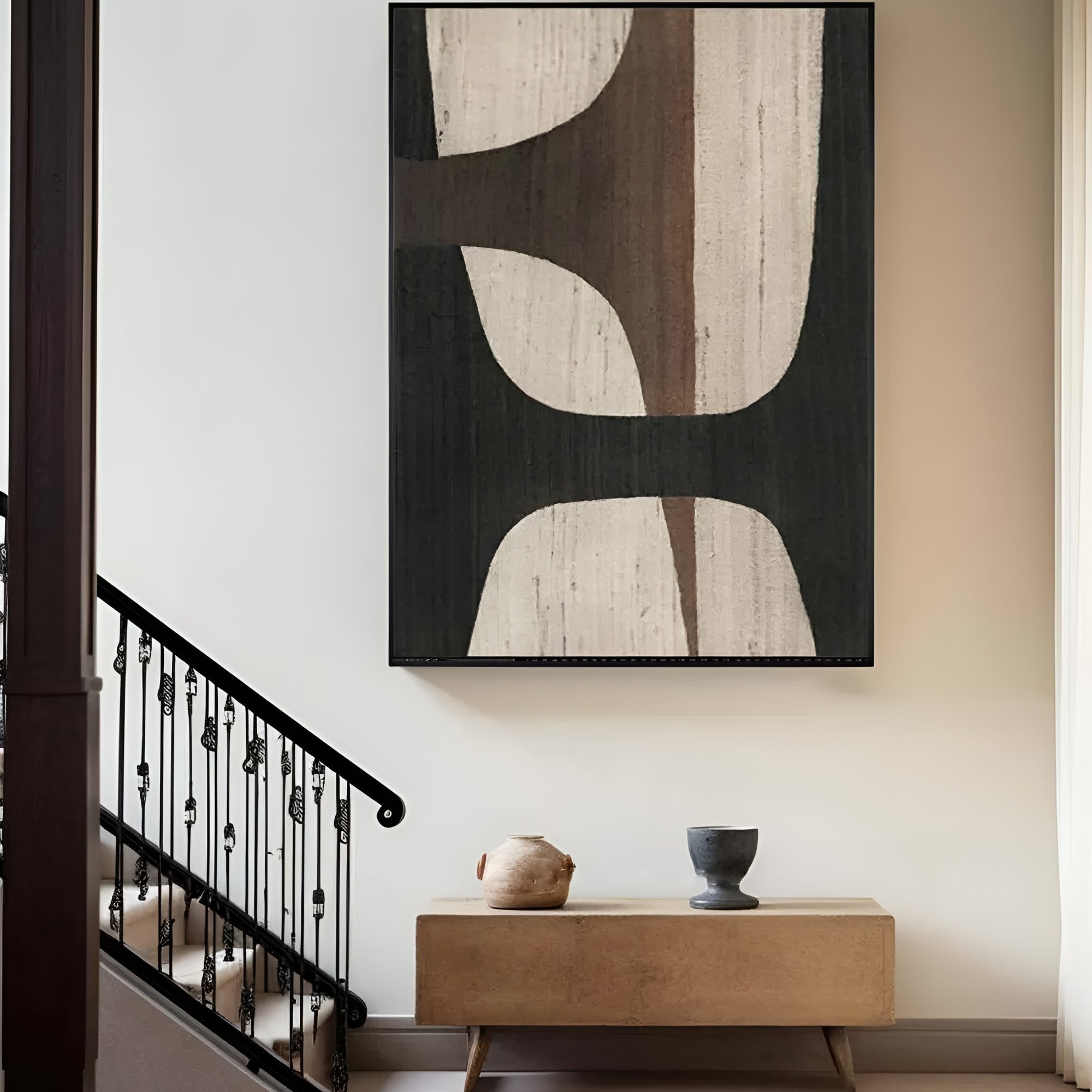 Textured geometric artwork with neutral colors, creating a bold statement in contemporary interiors. Handmade, high-quality canvas.