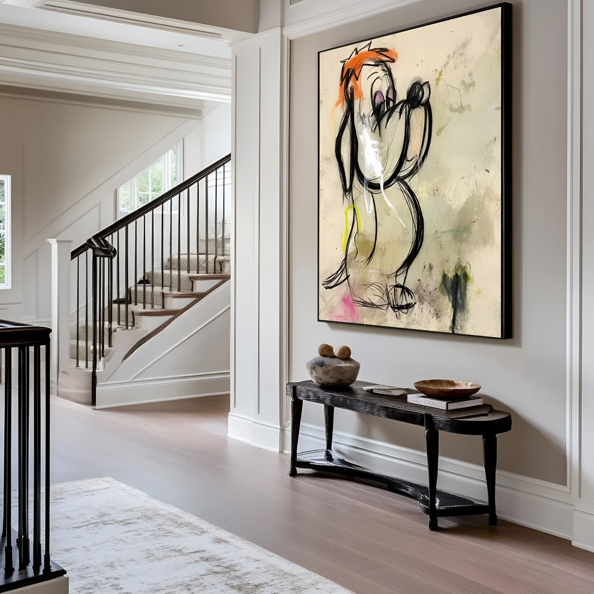 Expressive dog painting with sketch-style brushwork on a neutral textured canvas – unique home decor piece.