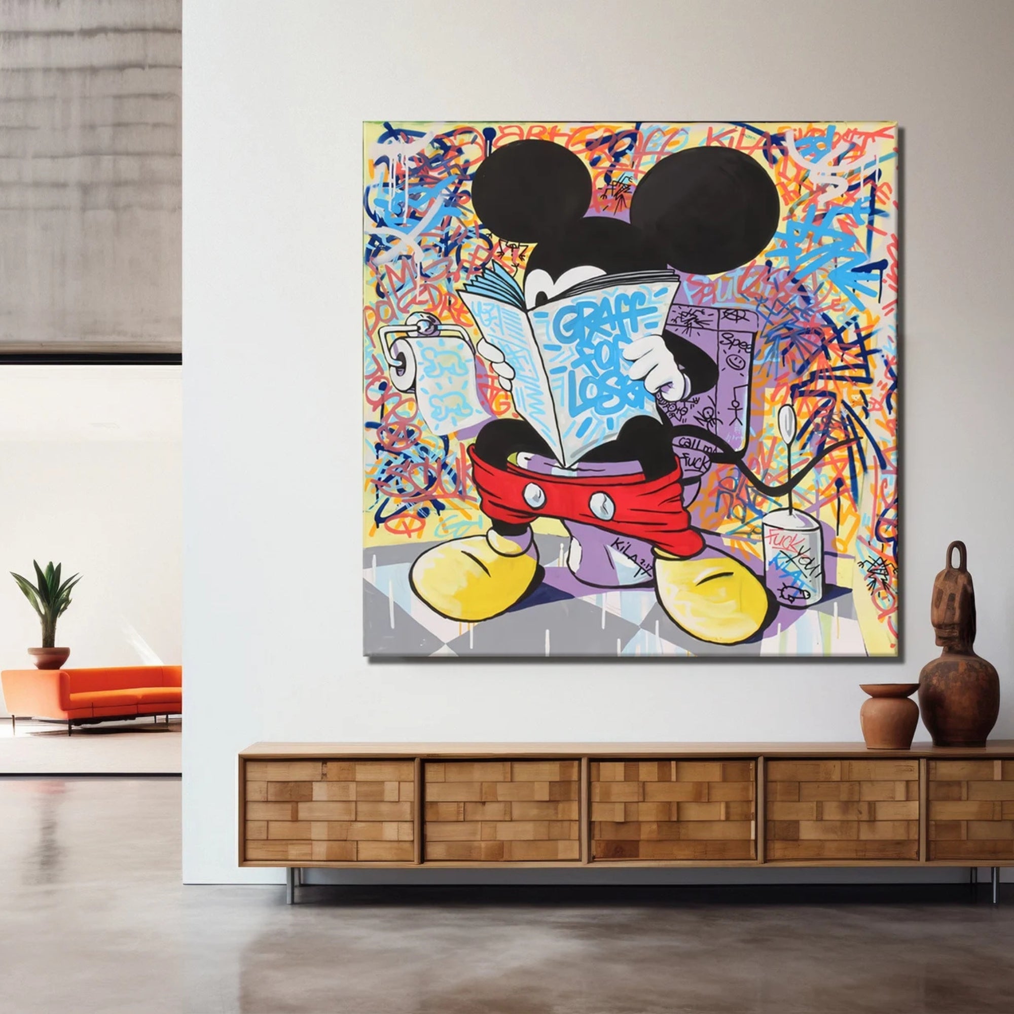 Pop Art Mickey Graffiti Painting – Colorful contemporary artwork showcasing Mickey Mouse with dynamic street-style graffiti and urban-inspired elements.