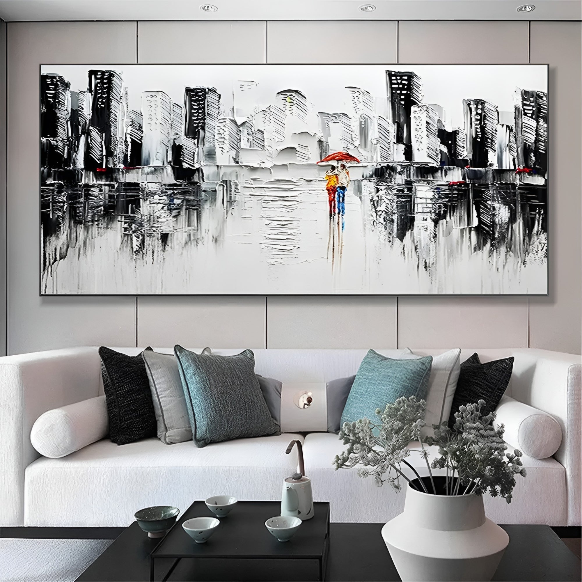 Abstract city skyline wall art, handmade in neutral tones with a bold accent, ideal for entryways or home offices.
