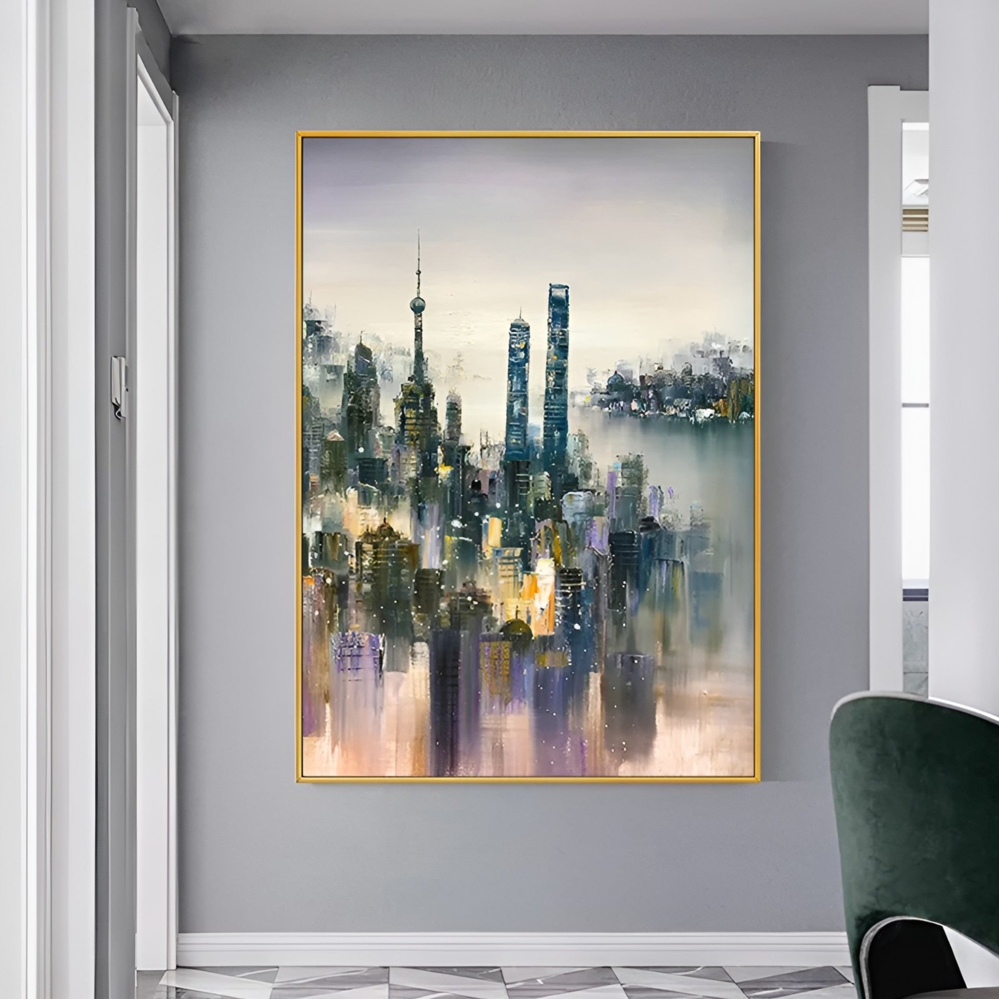 Contemporary skyline wall art, handmade with oil on canvas, featuring a dreamy blend of soft city hues.