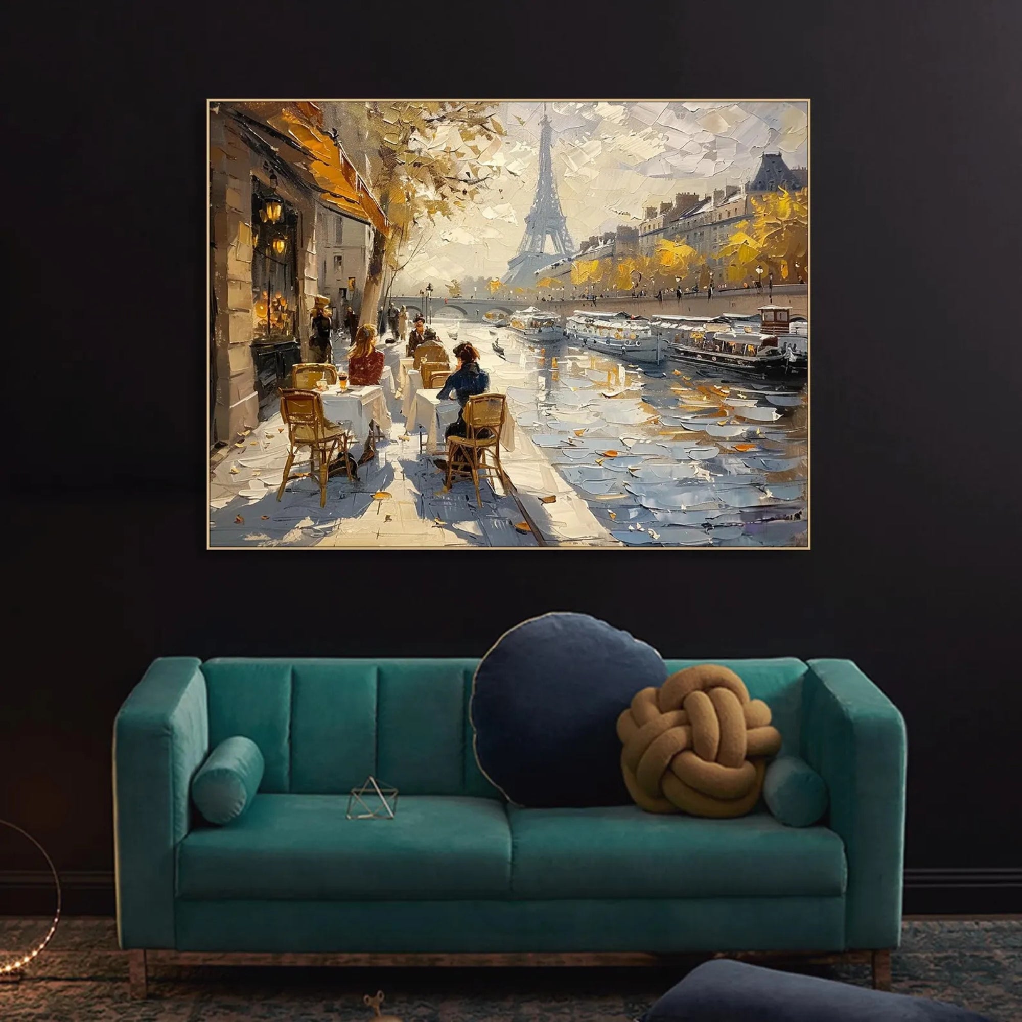 Elegant Paris street scene in autumn, featuring café tables by the Seine and the Eiffel Tower in the distance—great for entryways, lounges, or any space seeking Parisian charm and nostalgia.