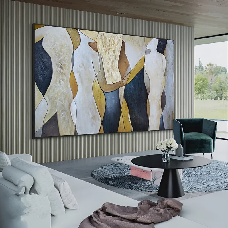 Flowing abstract handmade oil painting in neutral hues, ideal for creative office spaces or modern apartment interiors.