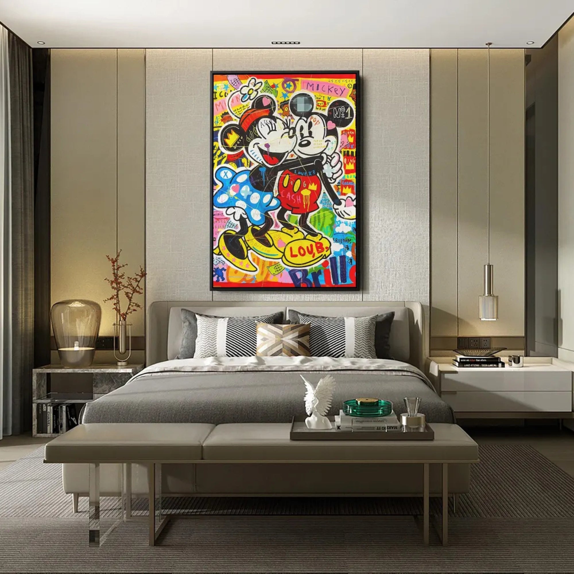Luxury pop art painting featuring Mickey and Minnie Mouse in vibrant graffiti street art style with designer brand elements.